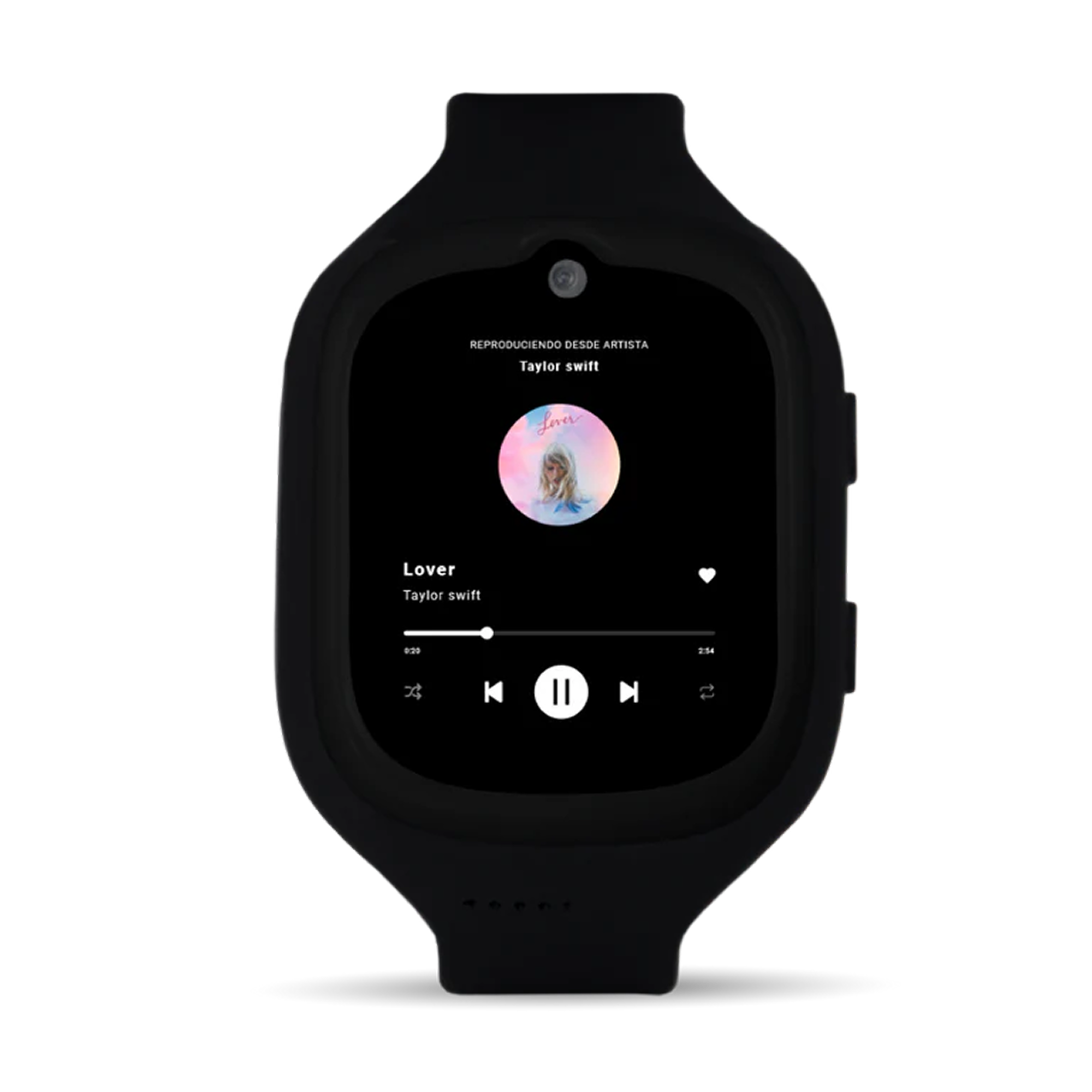Un reloj inteligente negro muestra la interfaz del reproductor de música de 'Lover' de Taylor Swift con controles.