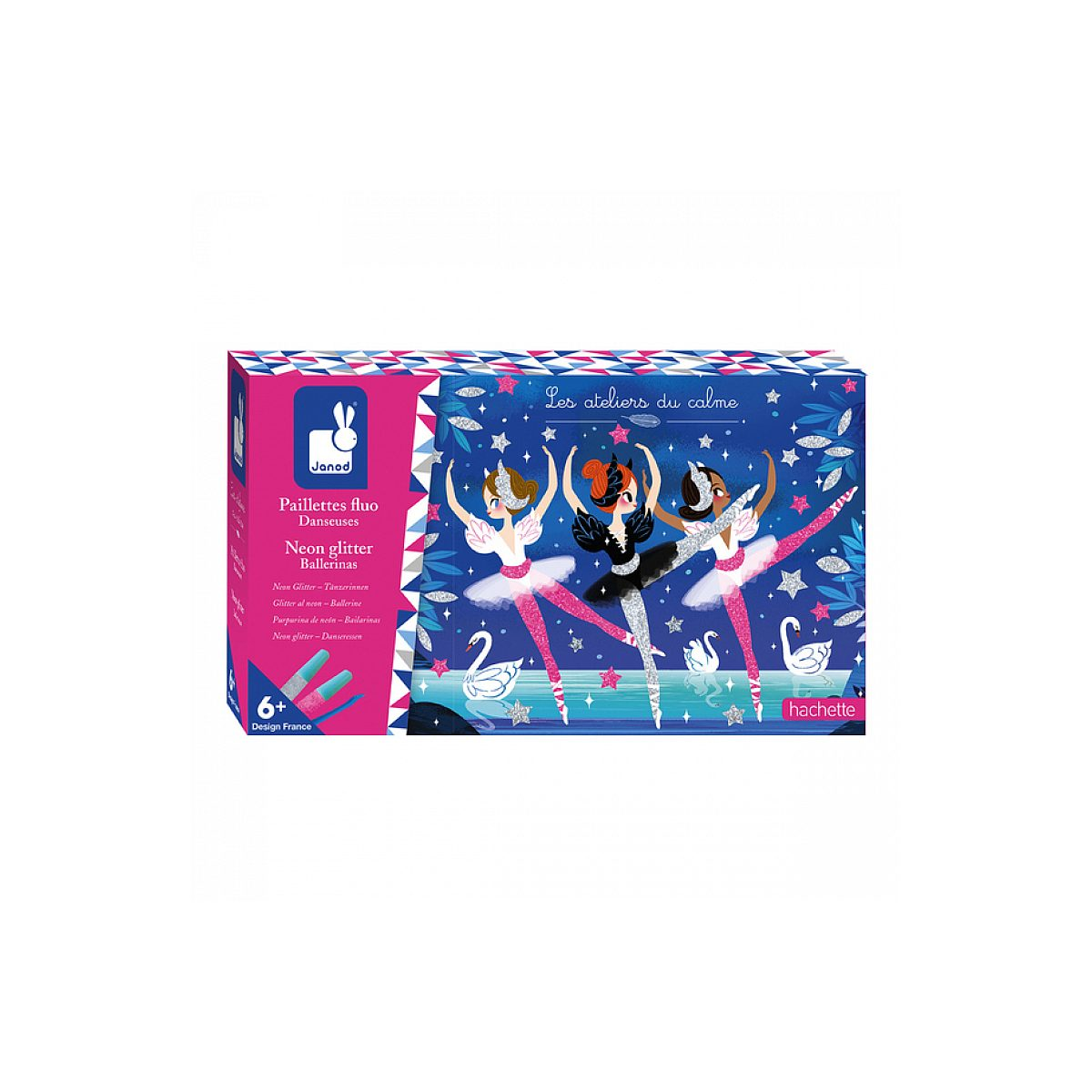 Eine Janod Neon-Glitter-Ballerina-Bastelbox zeigt drei Ballerinas und Schwäne vor dunkelblauem Sternenhimmel.