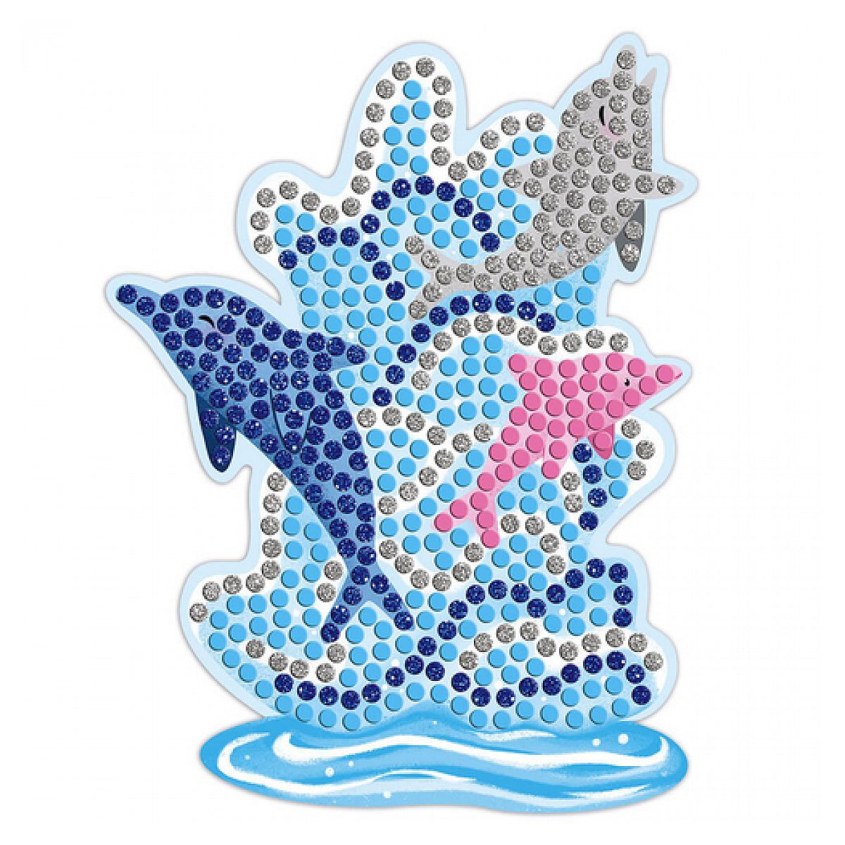 Glitzerndes Mosaikbild mit drei Delfinen in Blau, Pink und Silber auf Wellengrund.