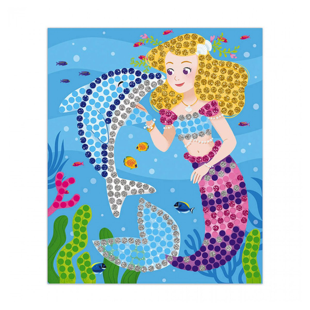 Ein Mosaikbild mit einer blonden Nixe und einem Delfin unter Wasser mit Korallen und kleinen Fischen.