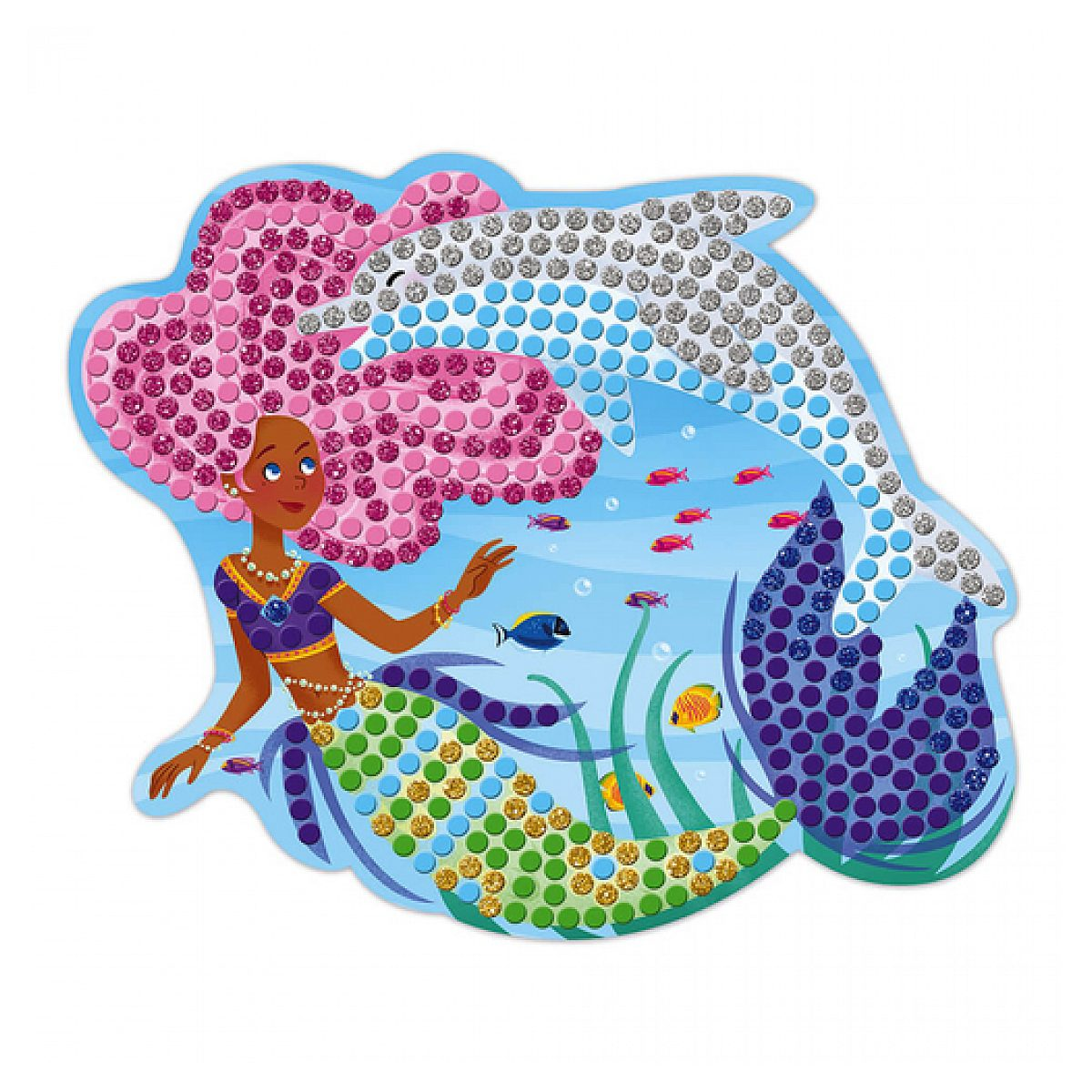 Glitzernde Meerjungfrau mit rosa Haar und Delfin unter Wasser.
