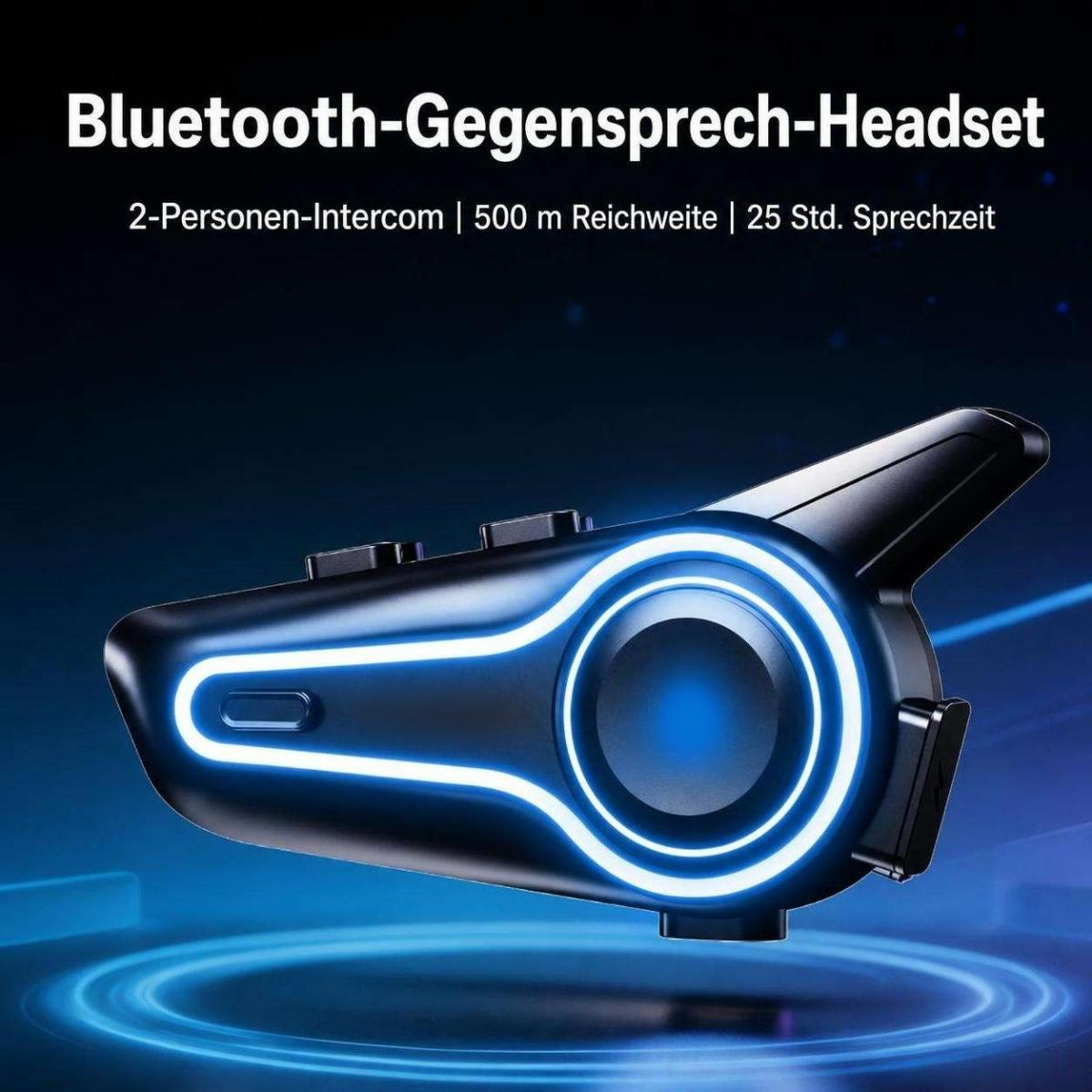 Schwarzes Bluetooth-Gegensprech-Headset mit blauer LED-Beleuchtung auf blauem Hintergrund.