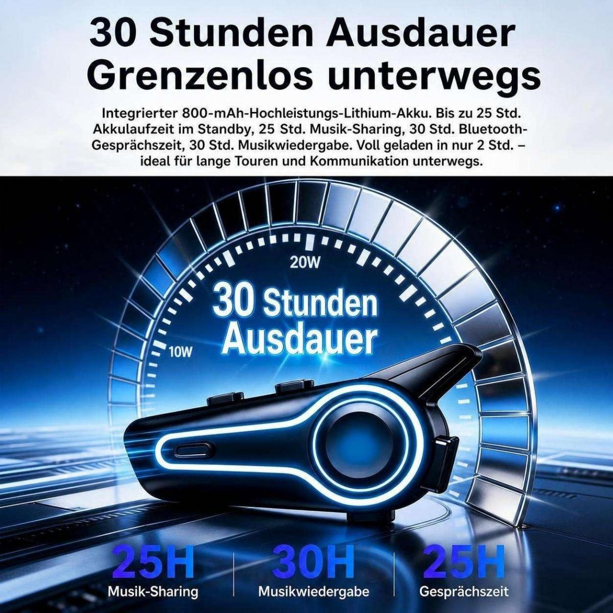 Ein Bluetooth-Gerät vor einem Tachometer mit deutscher Werbung für 30 Stunden Akkulaufzeit.