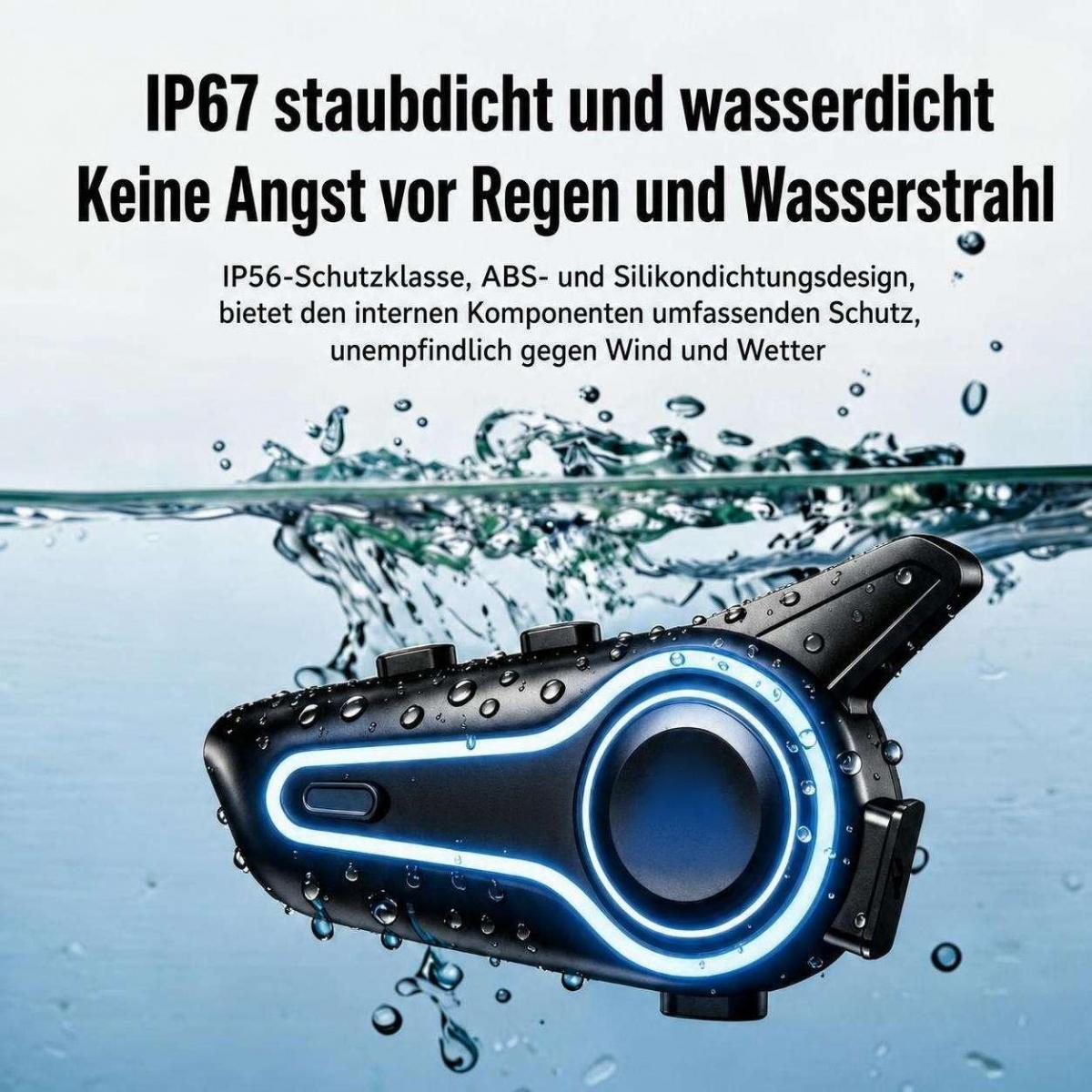 Wasserdichter schwarzer Motorrad-Intercom-Gerät unter Wasser mit deutscher Textbeschreibung.