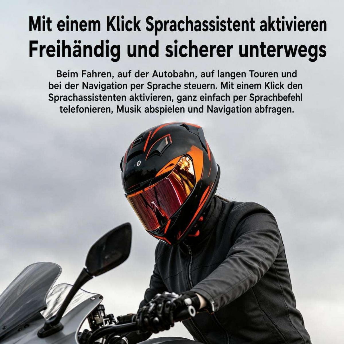 Ein Motorradfahrer mit schwarzem Helm und orangen Akzenten fährt auf einer Straße, begleitet von deutschem Werbetext.