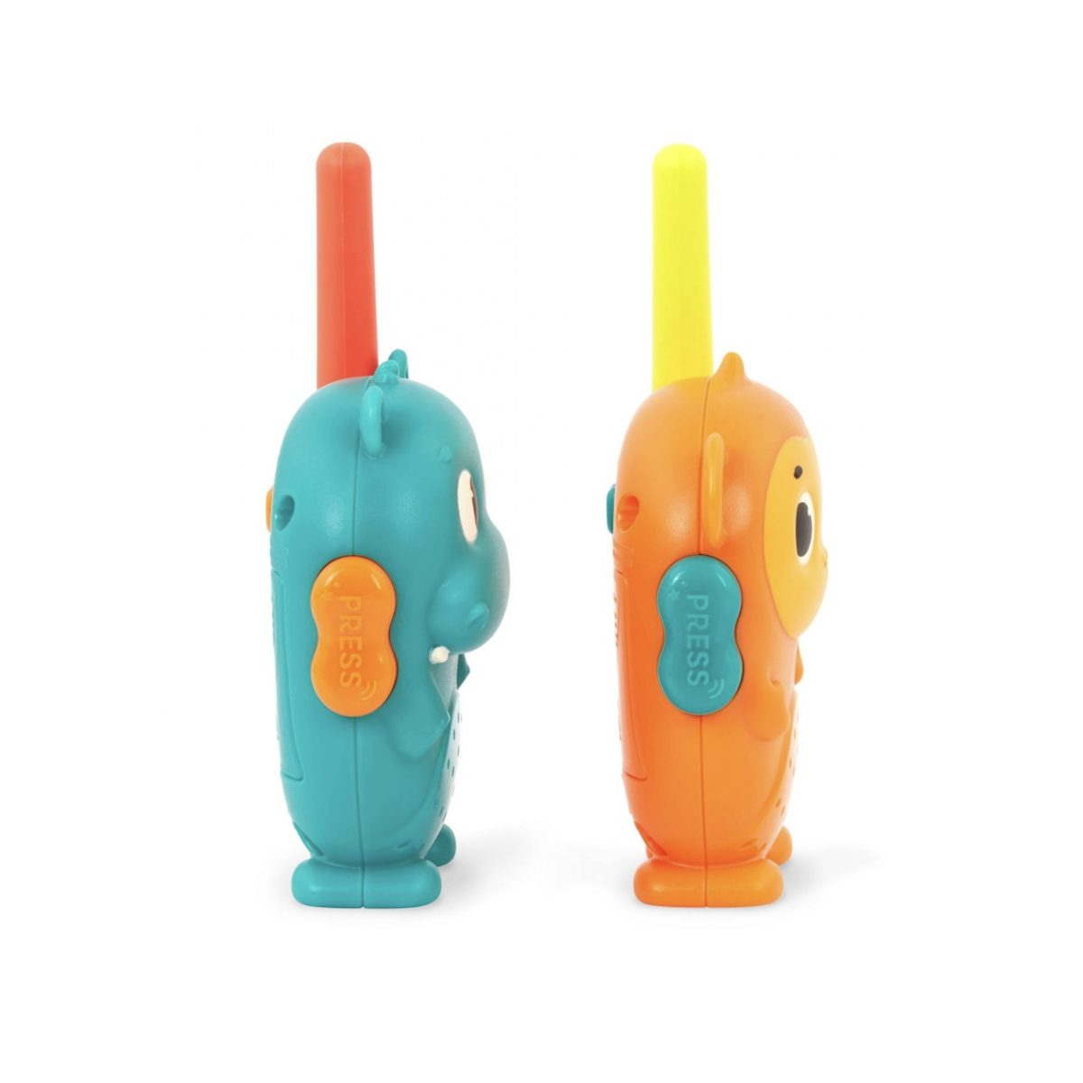 Zwei bunte Walkie-Talkies für Kinder in Tierform, eins in Blau und eins in Orange, stehen nebeneinander auf weißem Grund.