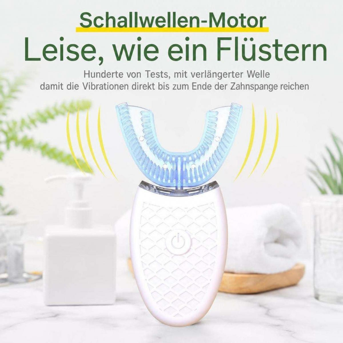 Eine weiße und rosa U-förmige elektrische Zahnbürste mit gelben Schallwellen-Symbolen und deutschem Werbetext.