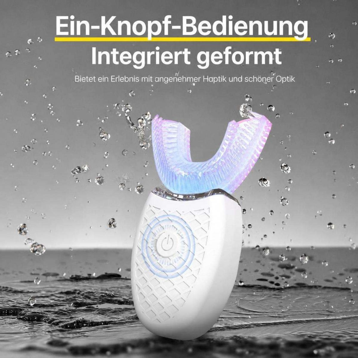 U-förmige elektrische Zahnbürste in weiß-blauem Design mit Wassertropfen auf grauem Hintergrund.