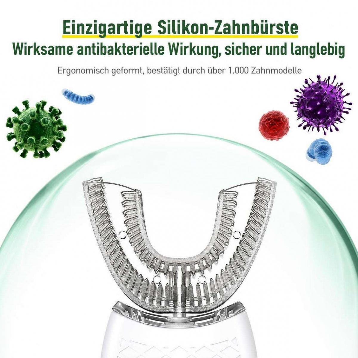 U-förmige Silikon-Zahnbürste mit antibakterieller Wirkung und deutscher Beschriftung.