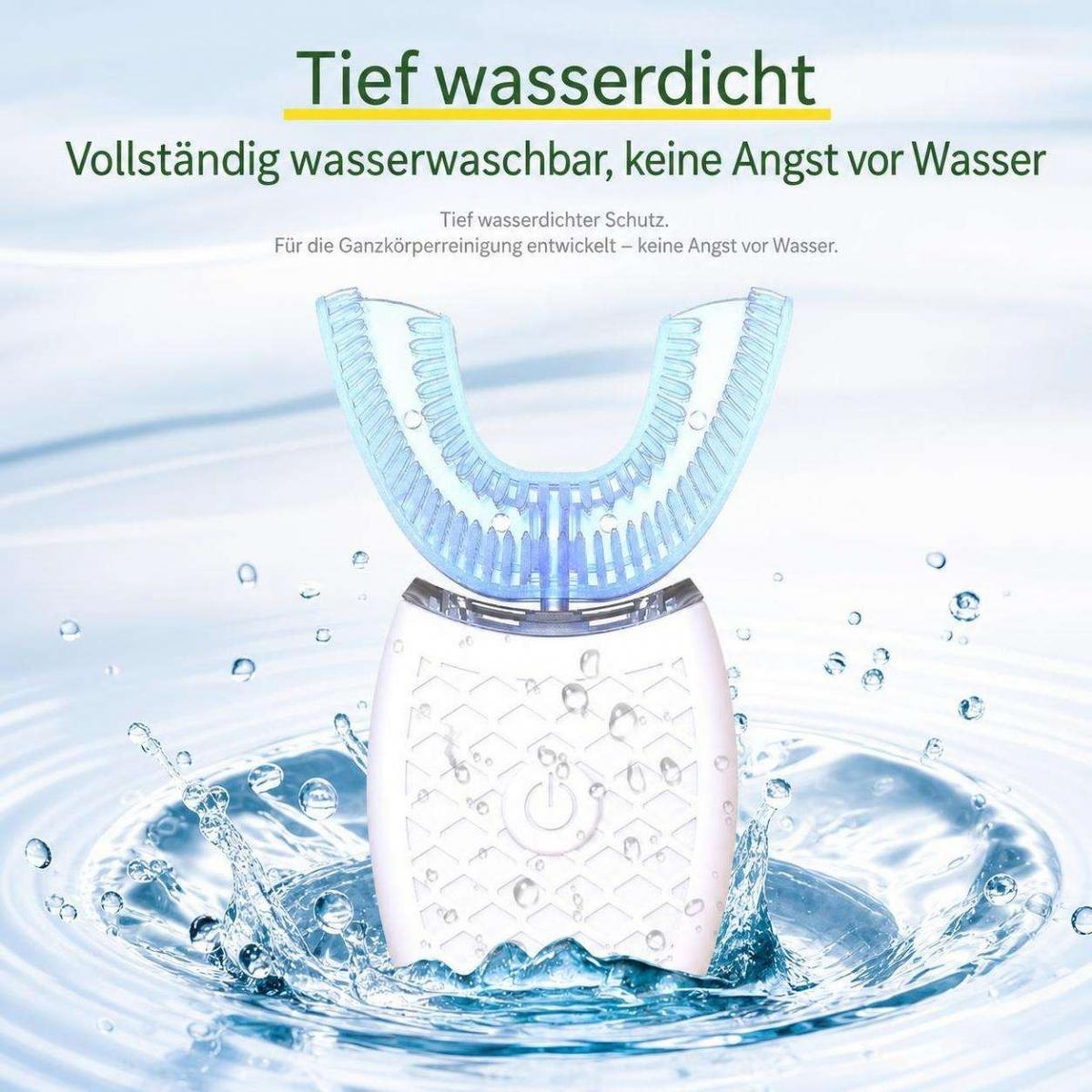 Wasserdichte elektrische U-förmige Zahnbürste in Wasser mit Text.