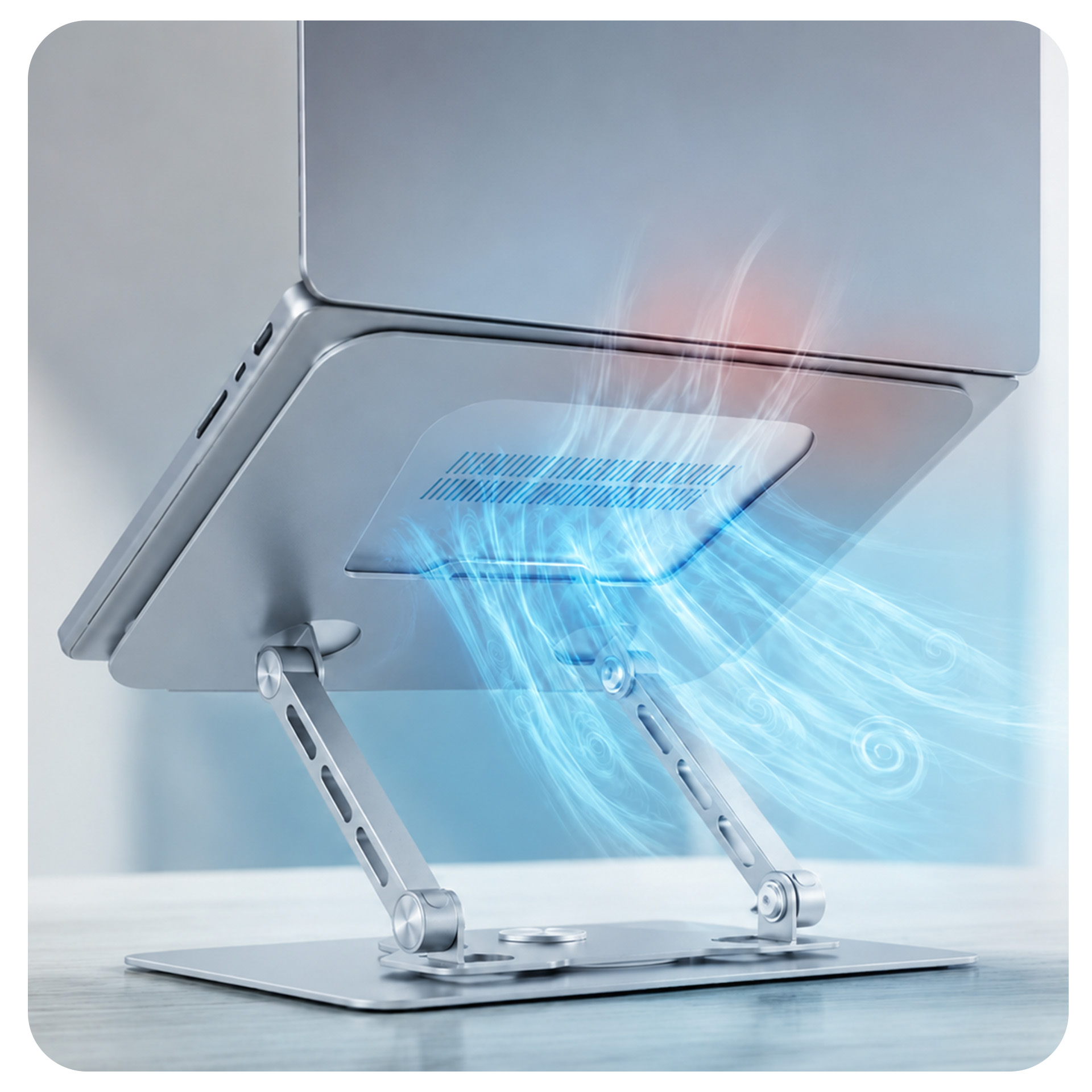 Laptop na regulowanym srebrnym stojaku z niebieskimi liniami przepływu powietrza.
