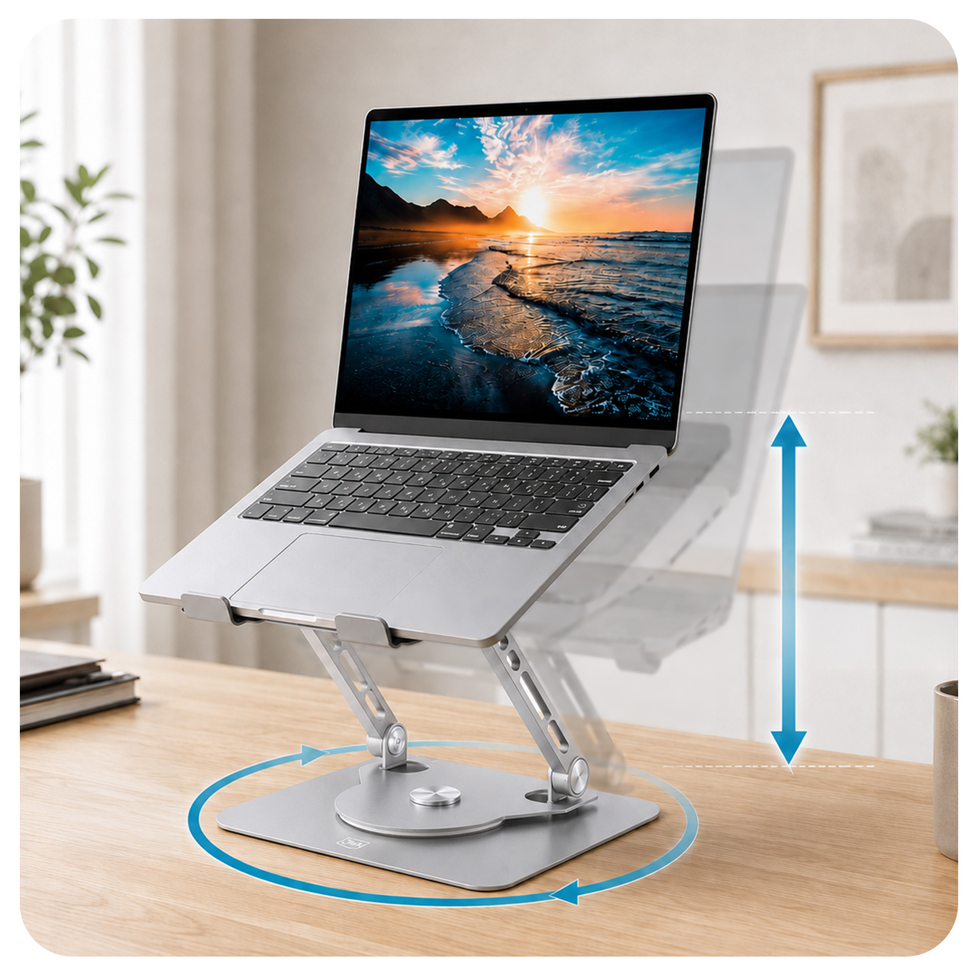 Srebrny laptop stoi na regulowanej, obrotowej podstawce na drewnianym biurku.
