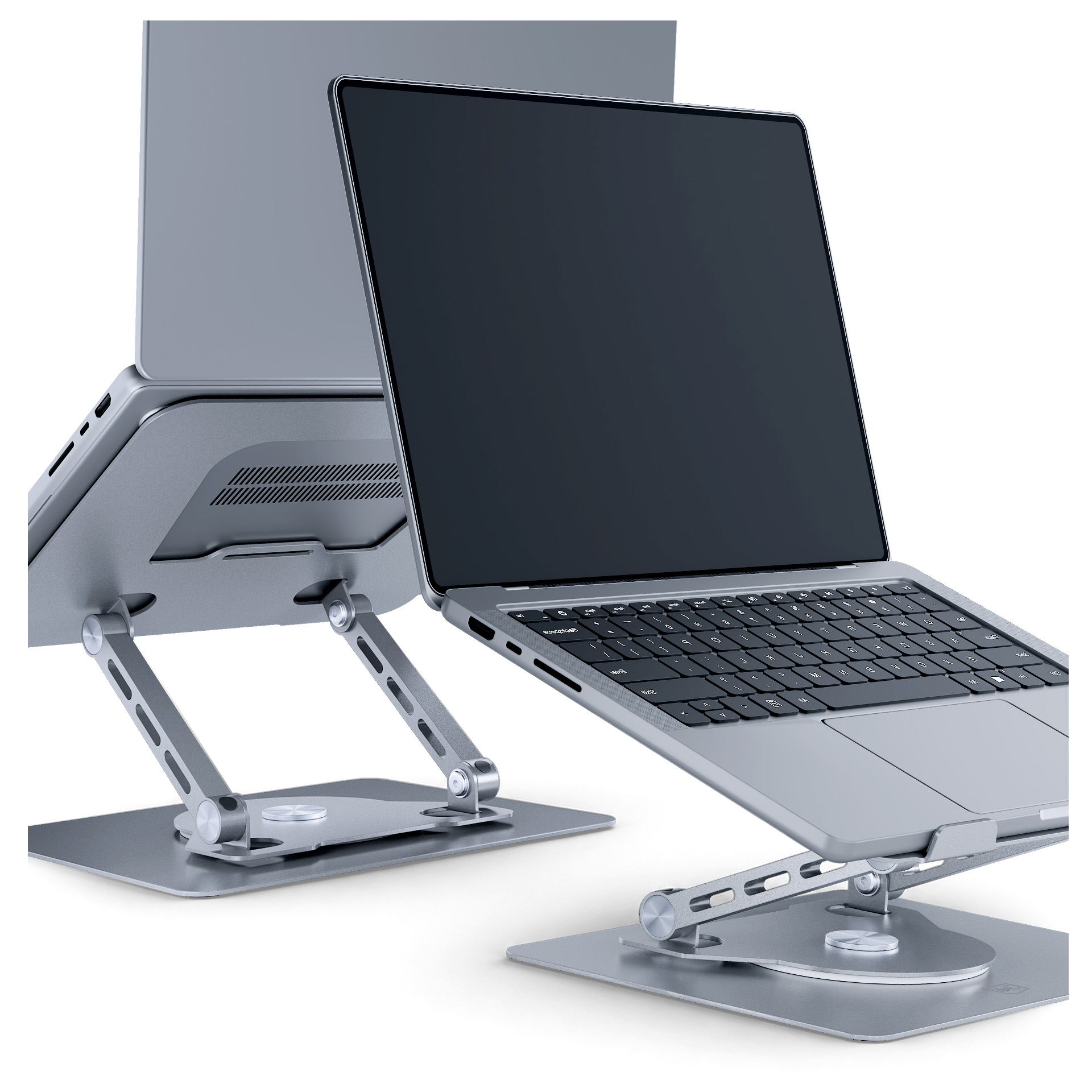 Dwa szare laptopy na regulowanych metalowych stojakach na białym tle.