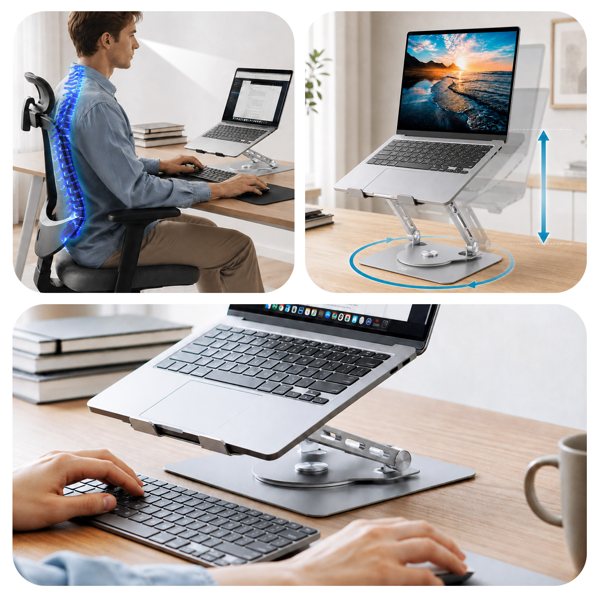 Mężczyzna siedzi ergonomicznie przy biurku, podczas gdy pokazane są stojaki na laptopy i regulacja wysokości.