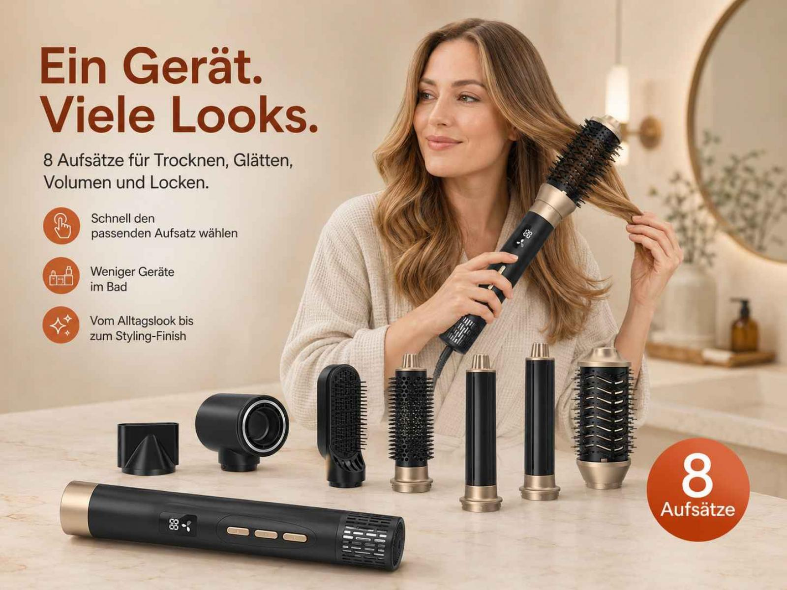 Eine Frau styled ihre Haare mit einem Multistyler, mit verschiedenen Aufsätzen auf dem Tisch.