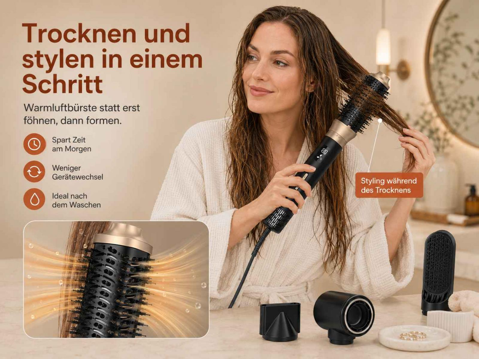 Frau trocknet und stylt ihr Haar mit einer Warmluftbürste; Text- und Produktgrafiken im Bild.