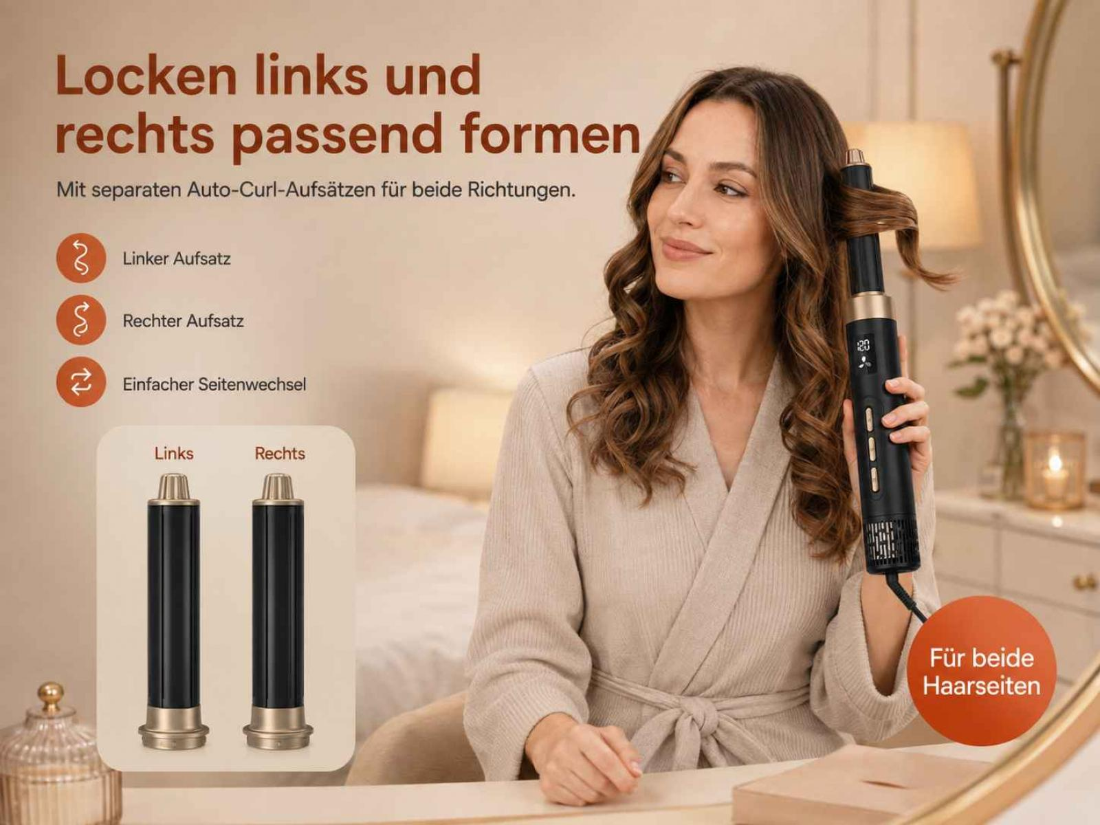 Eine Frau in einem Bademantel stylt ihre Haare mit einem automatischen Lockenstab, daneben deutscher Text und Symbole.