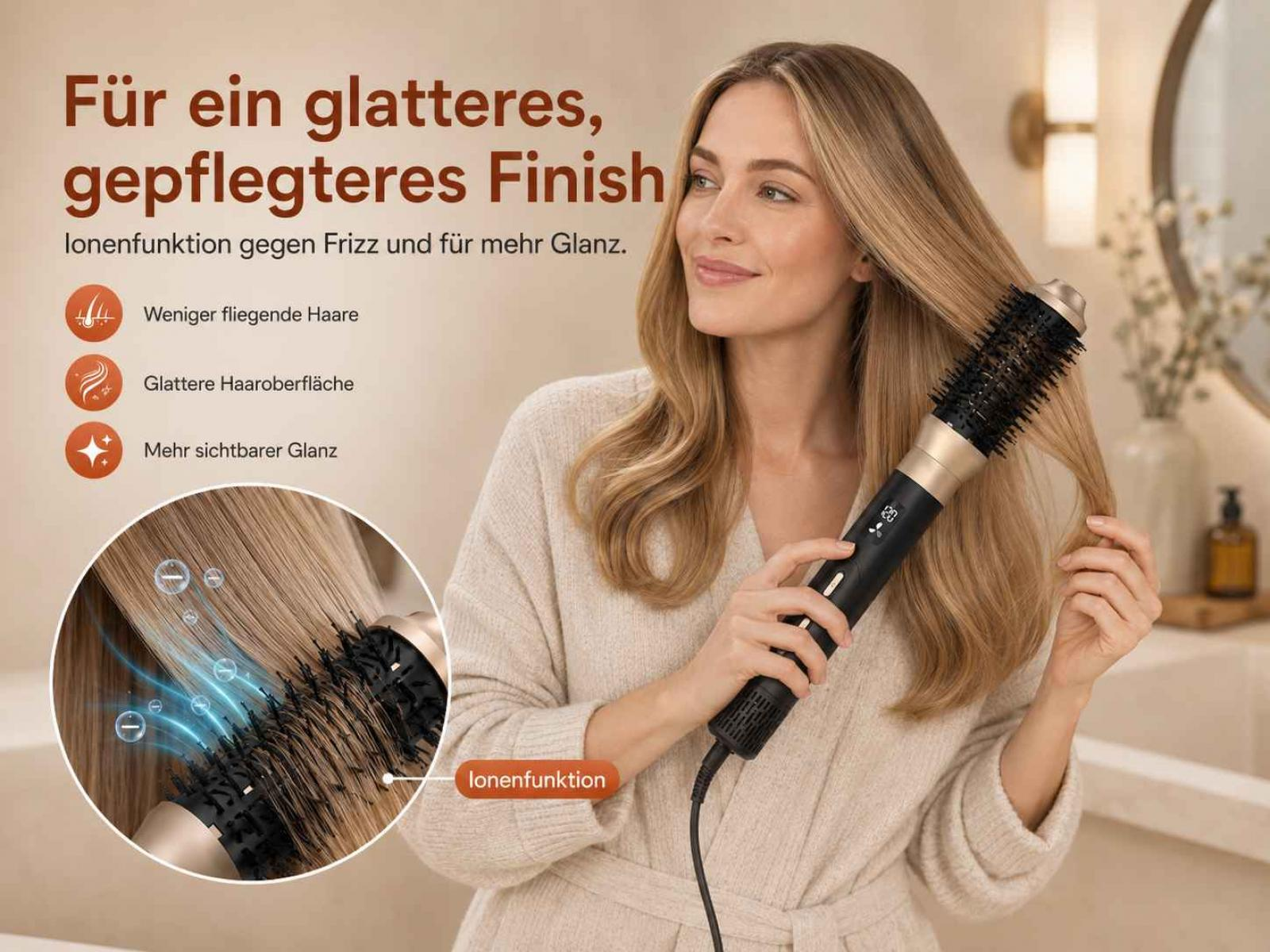 Eine Frau stylt ihr Haar mit einer Warmluftbürste, mit deutschem Werbetext und Symbolen.