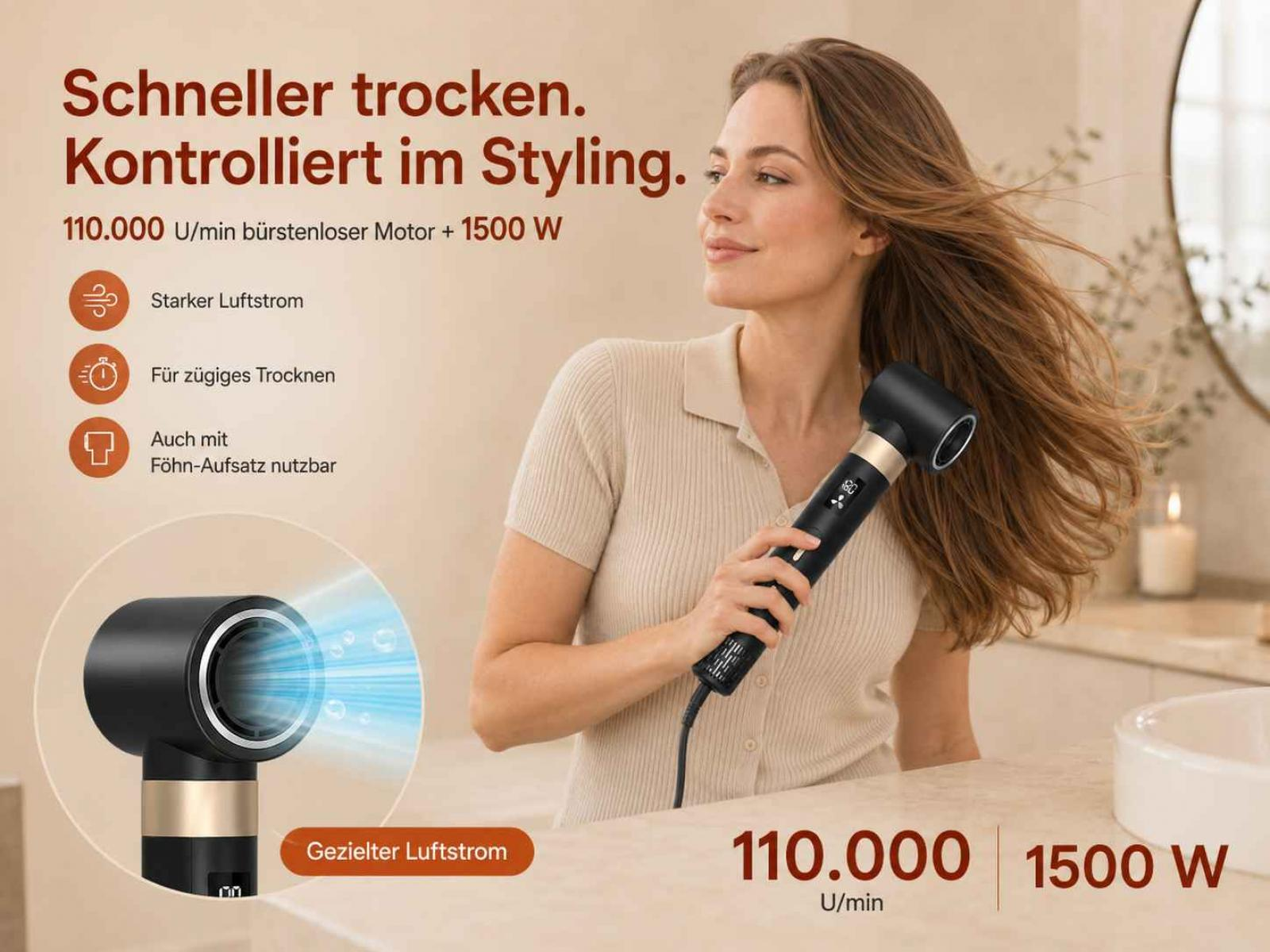Eine Frau stylet ihr Haar mit einem schwarzen Haartrockner in einem Badezimmer, begleitet von deutschem Text und Produktdetails.