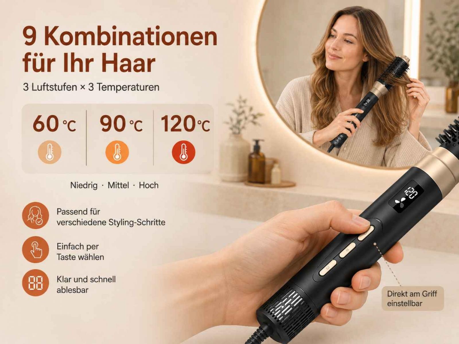 Frau stylt Haare mit einem Heissluftstyler, der verschiedene Temperatur- und Luftstufen anzeigt.