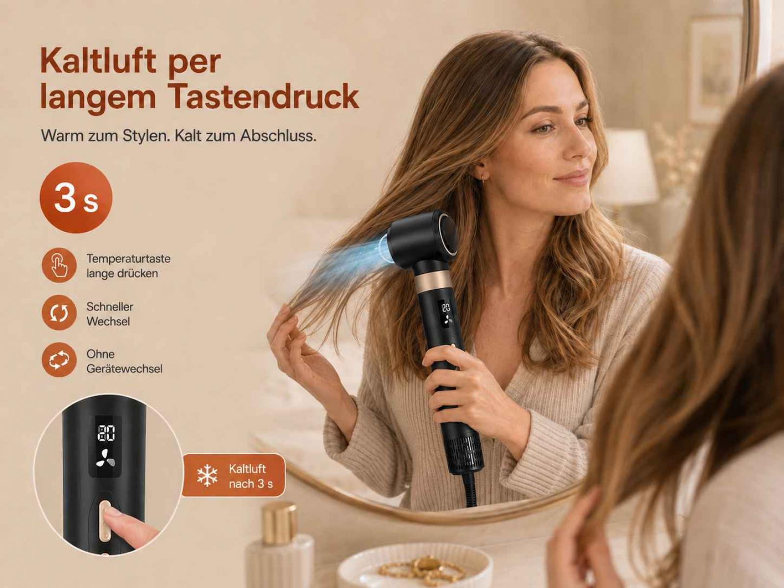 Eine Frau stylt ihre Haare mit einem schwarzen Haartrockner vor einem Spiegel, mit Textgrafiken.