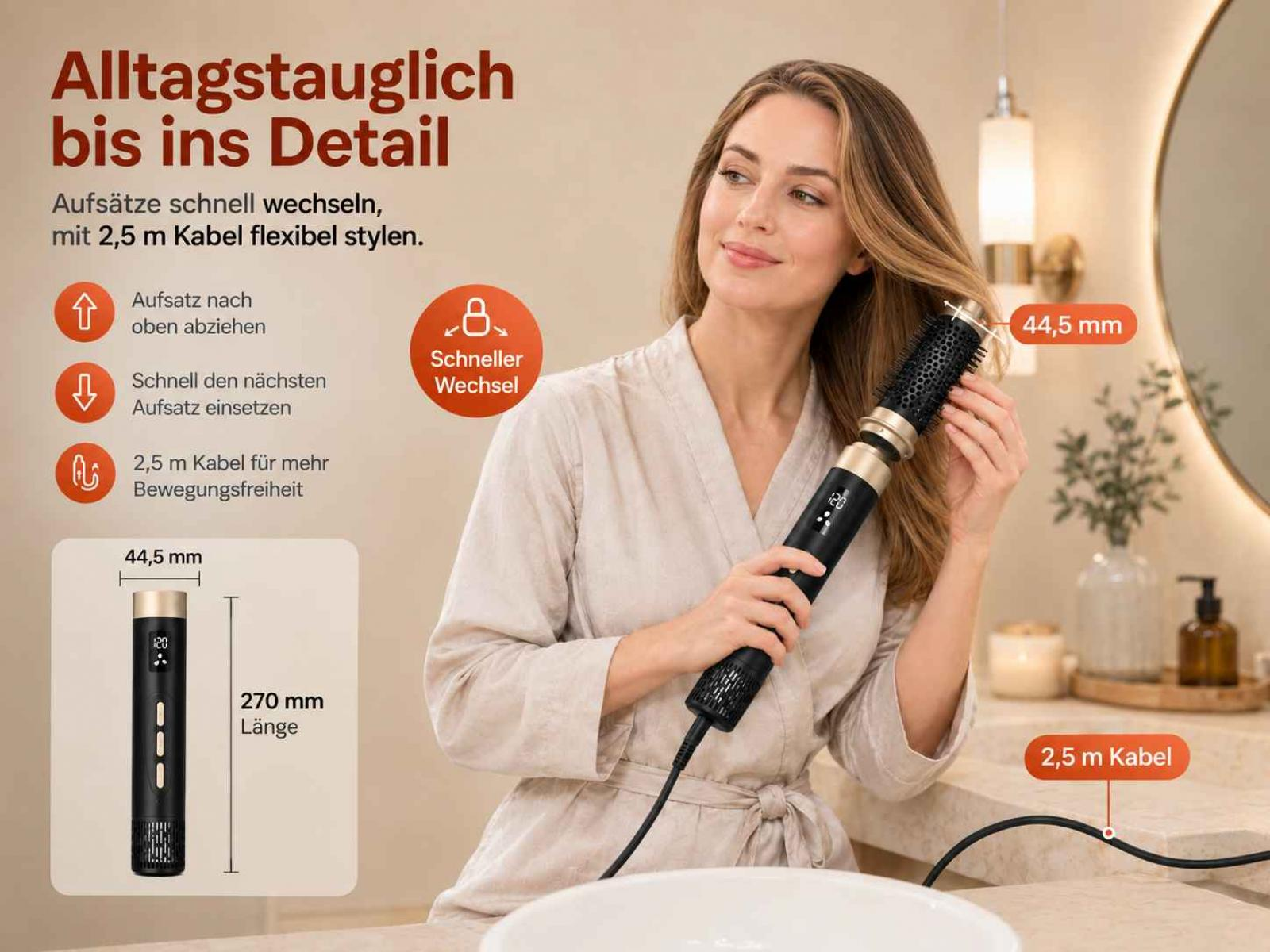Eine Frau stylt ihre Haare mit einer schwarzen Warmluftbürste in einem hellen Badezimmer.
