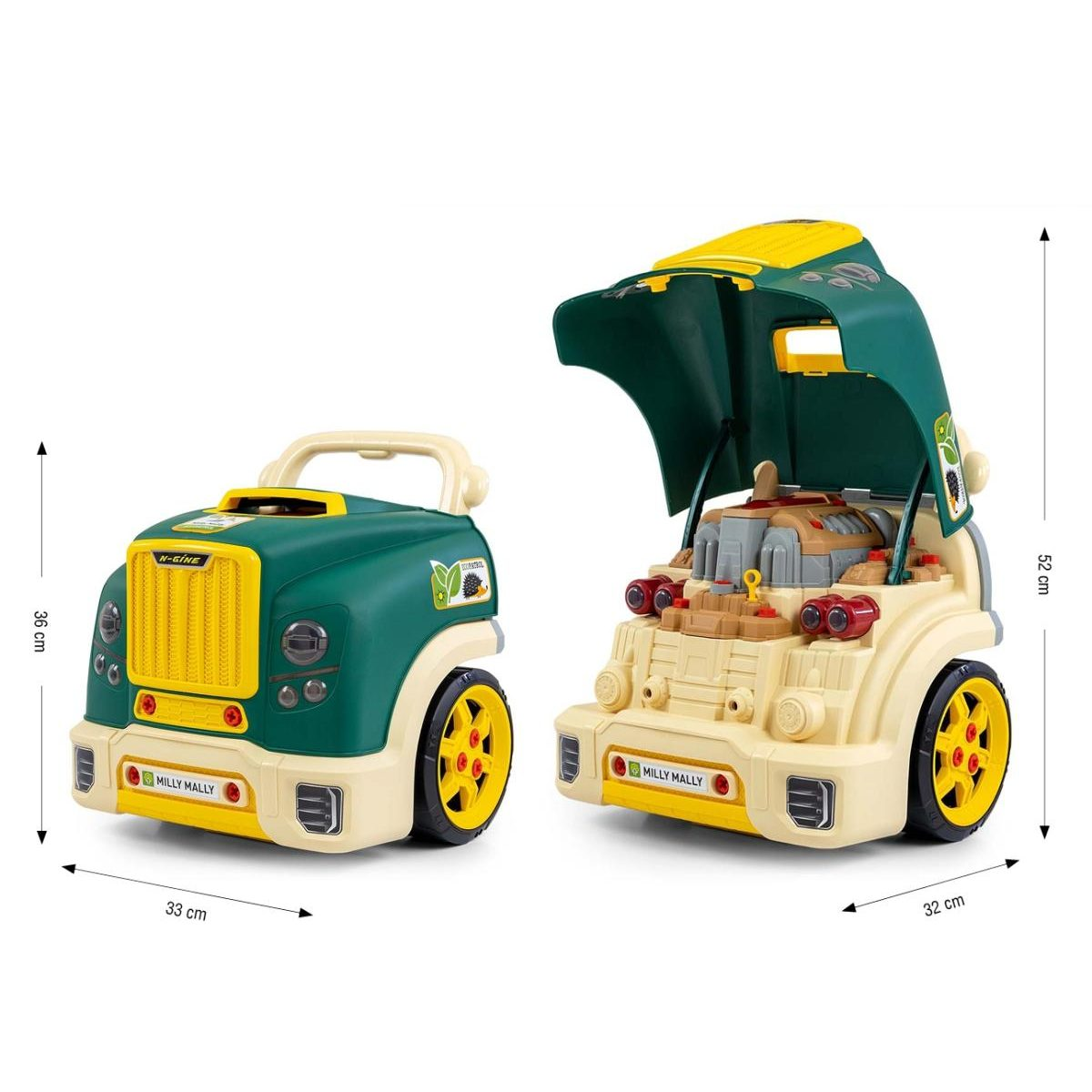 Grüner und beiger Spielzeuglastwagen mit gelben Rädern, Maße 36 cm und 52 cm hoch.