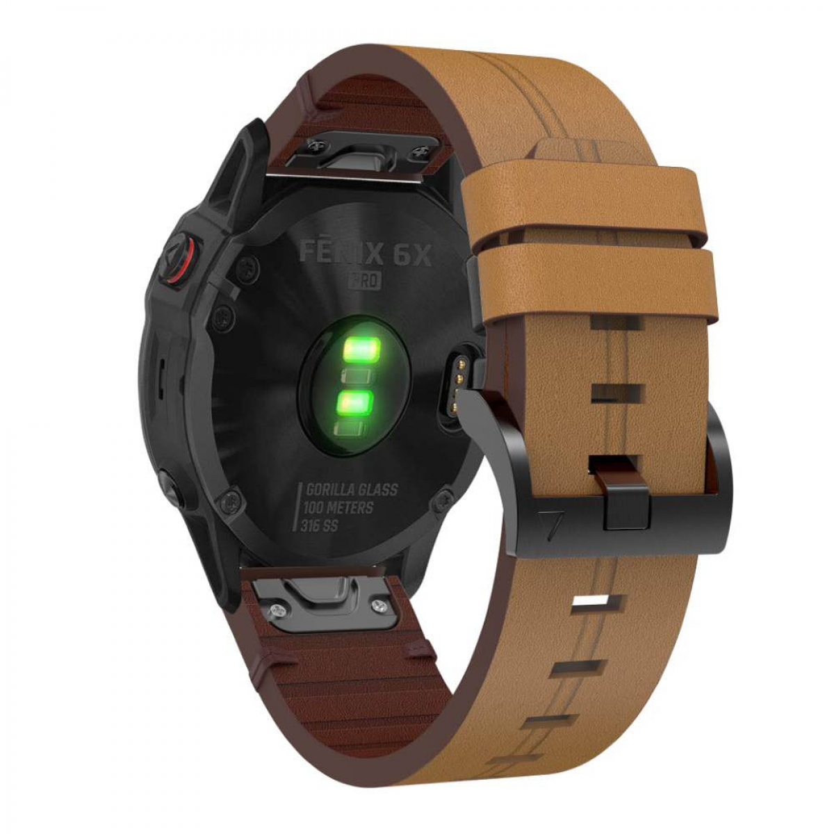 Rückseite einer schwarzen Smartwatch mit braunem Lederarmband und grün leuchtenden Sensoren.