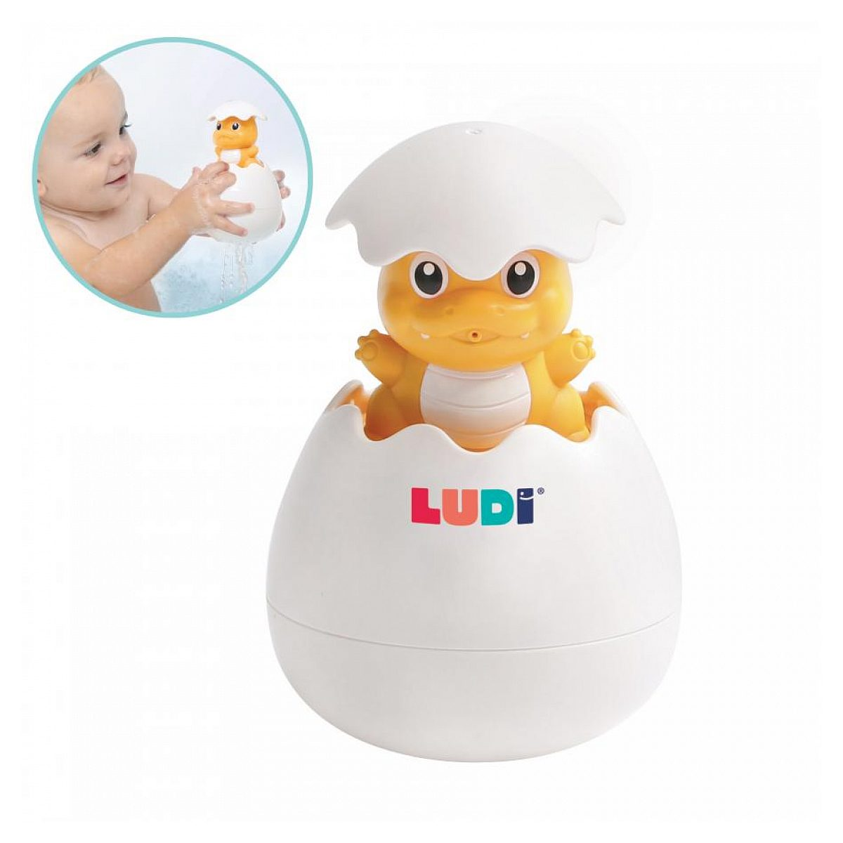 Gelbes Dinosaurier-Badespielzeug in einem weißen Ei mit der Aufschrift LUDI, inset zeigt ein Baby.