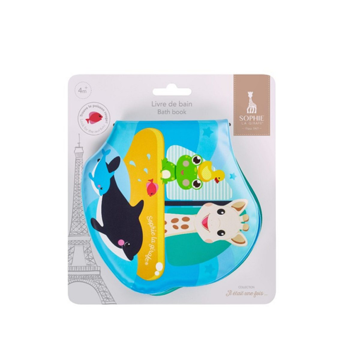 Sophie the Giraffe Badbuch in Verpackung mit Cartoon-Tieren wie Wal und Frosch.