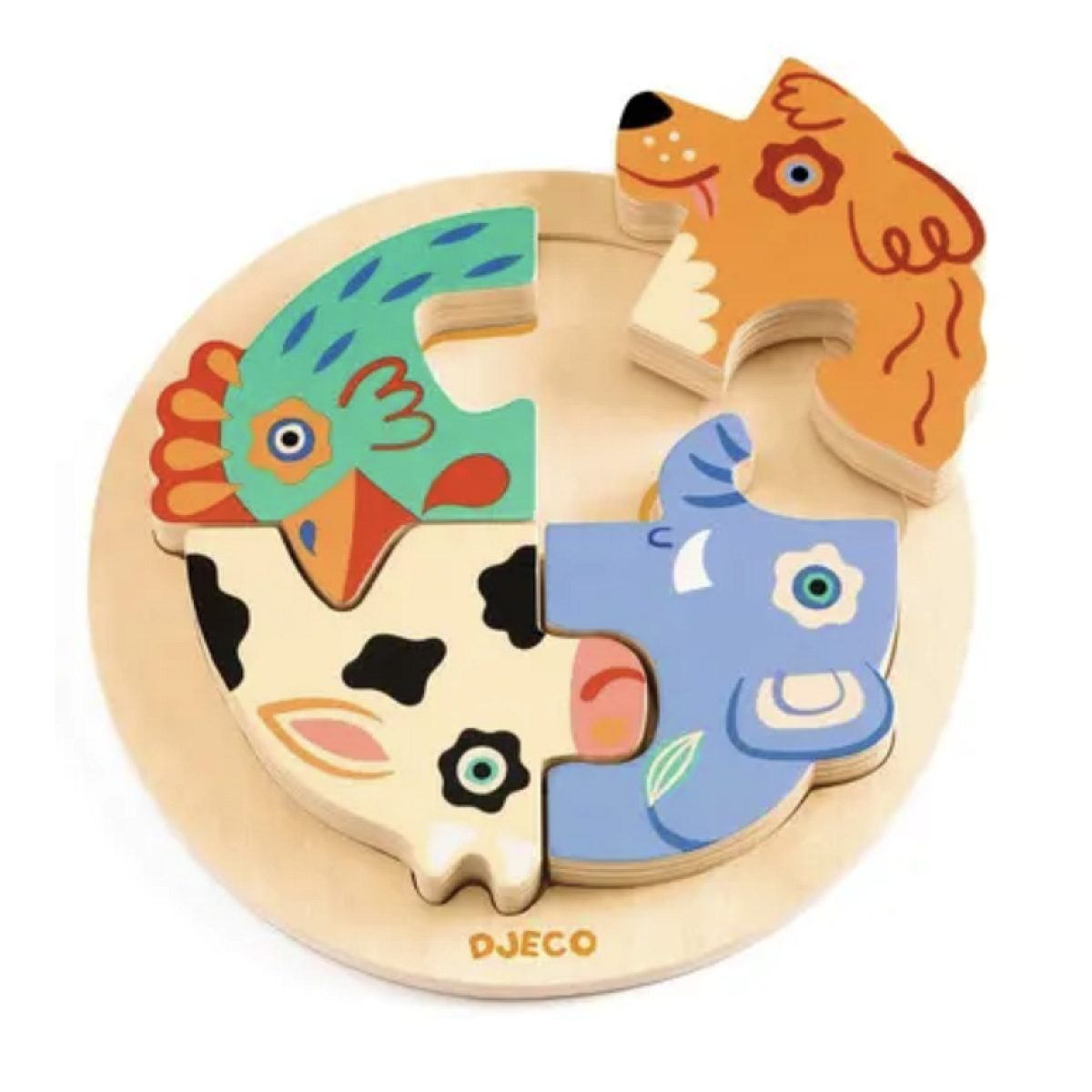 Un puzzle in legno con quattro pezzi colorati a forma di cane, uccello, mucca ed elefante.