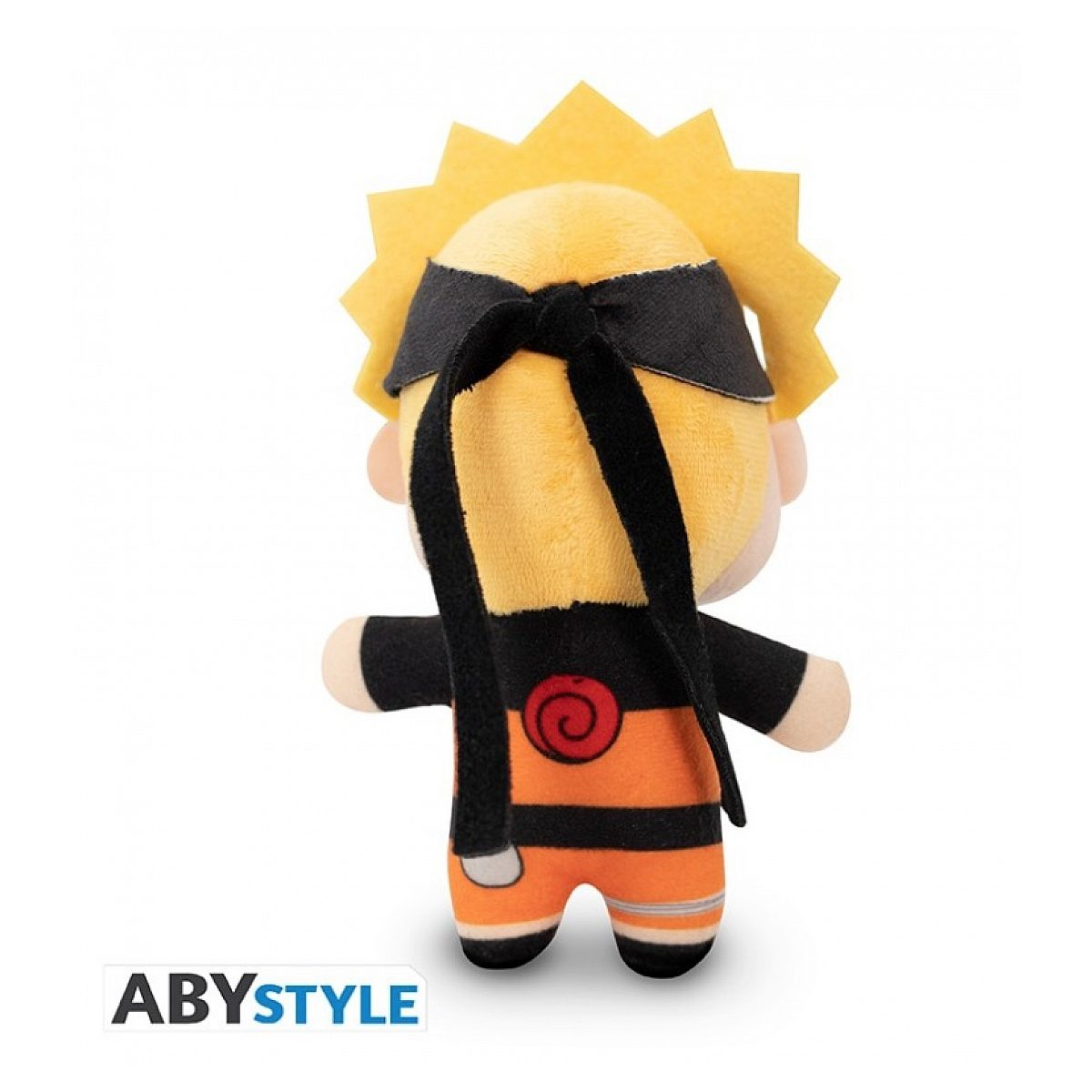 Plüschfigur von hinten mit gelbem Haar, schwarzem Stirnband und orangem Anzug.
