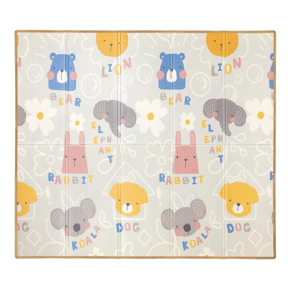 Eine Baby-Spielmatte zeigt süße Tierillustrationen mit Bären, Löwen, Elefanten, Kaninchen, Koalas und Hunden.