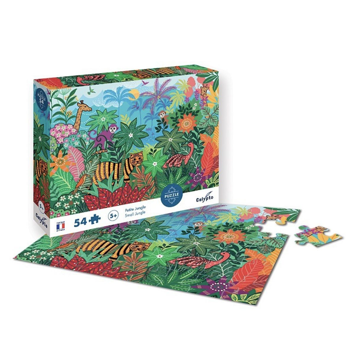Eine bunte 54-Teile-Dschungel-Puzzlebox mit Tiger, Giraffe und Flamingos sowie fertige Puzzleteile auf dem Tisch.