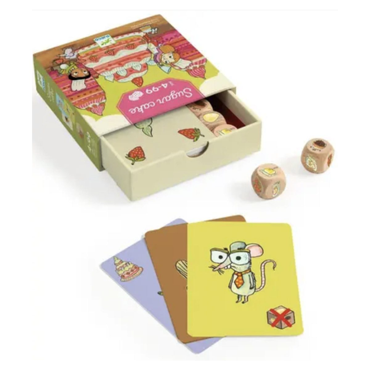 Ein Brettspiel namens Sugar Cake mit einer Box, Spielkarten mit einer Ratte und zwei Holzwürfeln.
