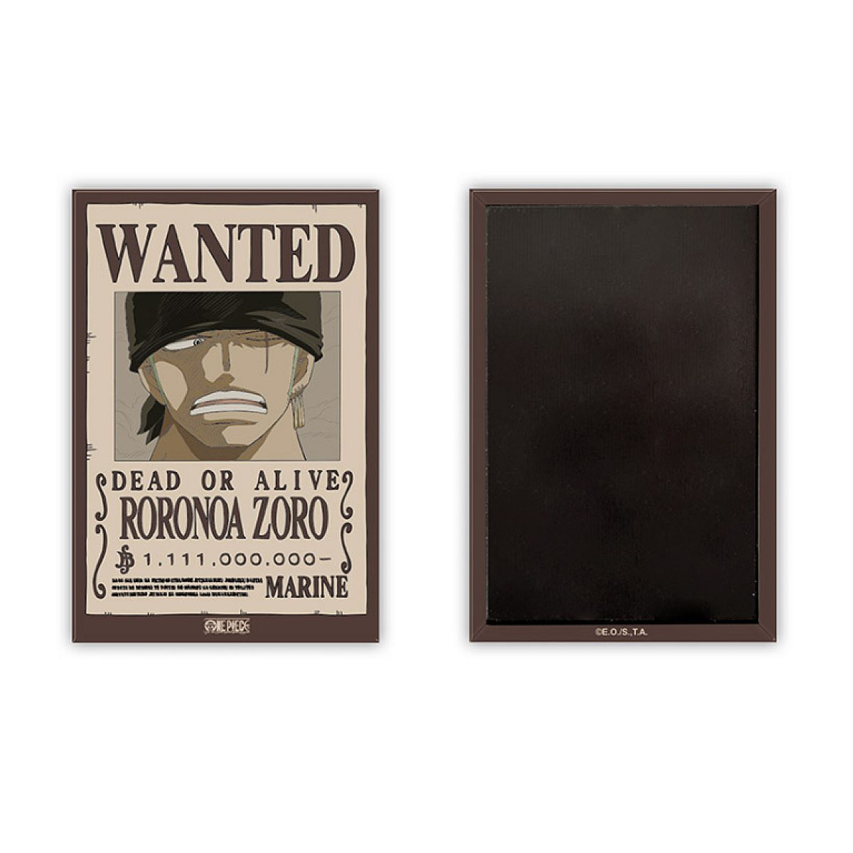 Ein One Piece Steckbrief von Roronoa Zoro mit hohem Kopfgeld auf der Vorderseite und schwarzer Rückseite.
