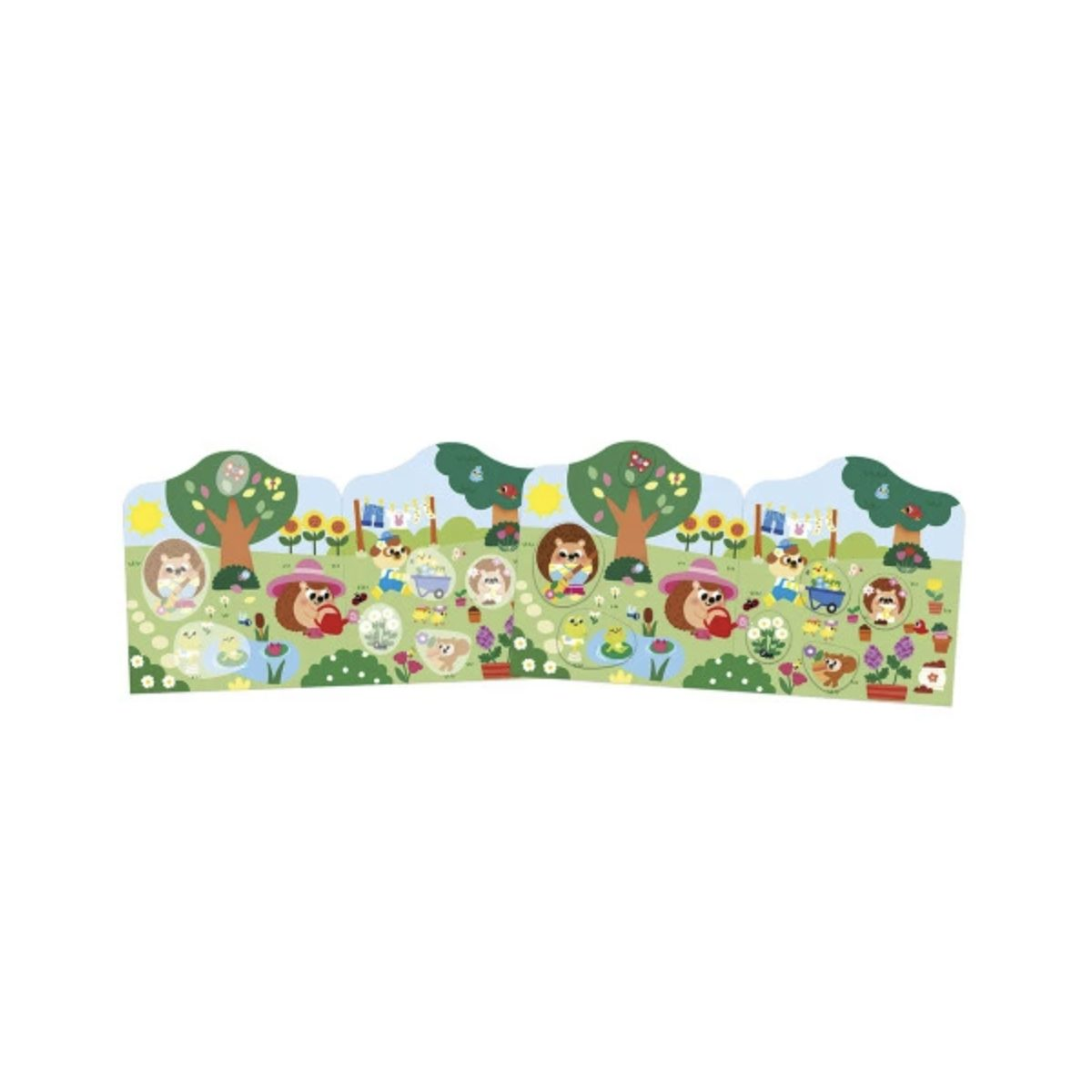 Bunte Illustration mit süßen Tieren, Blumen, Bäumen und Sonne auf einer Wiese.
