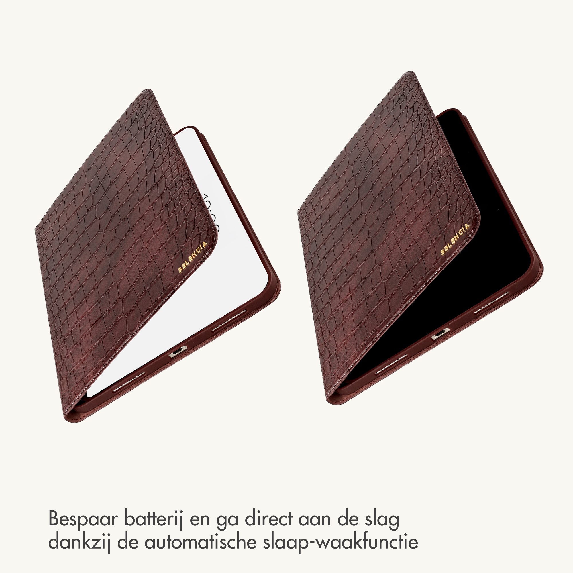 Twee bruine tabletcovers met krokodillenstructuur, één open met wit scherm en één met zwart scherm.