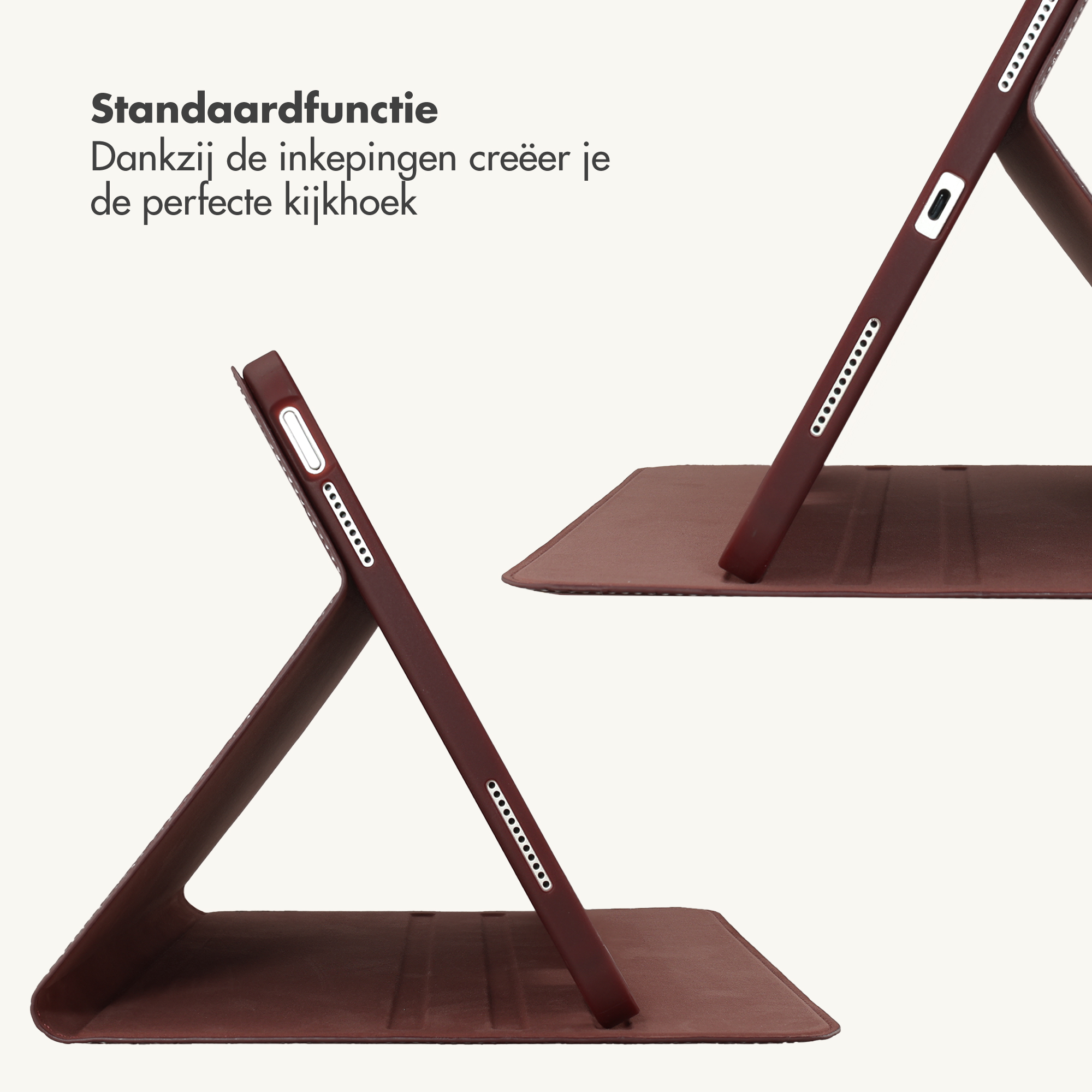 Twee weergaven van een rode tablethoes als standaard, met tekst links.