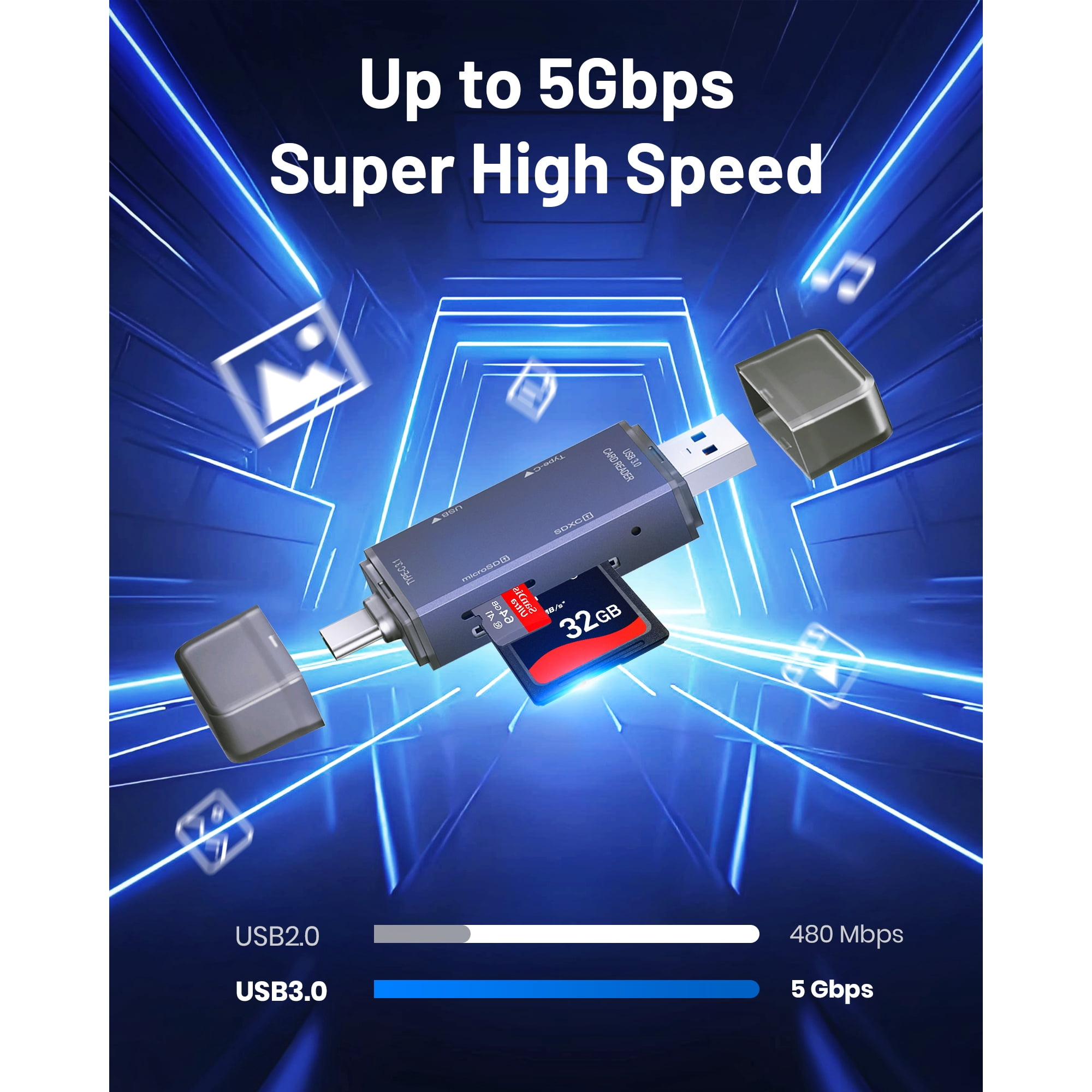 Ein USB-Kartenleser mit Speicherkarte schwebt in einem blauen Digitaltunnel mit Geschwindigkeitsangabe.
