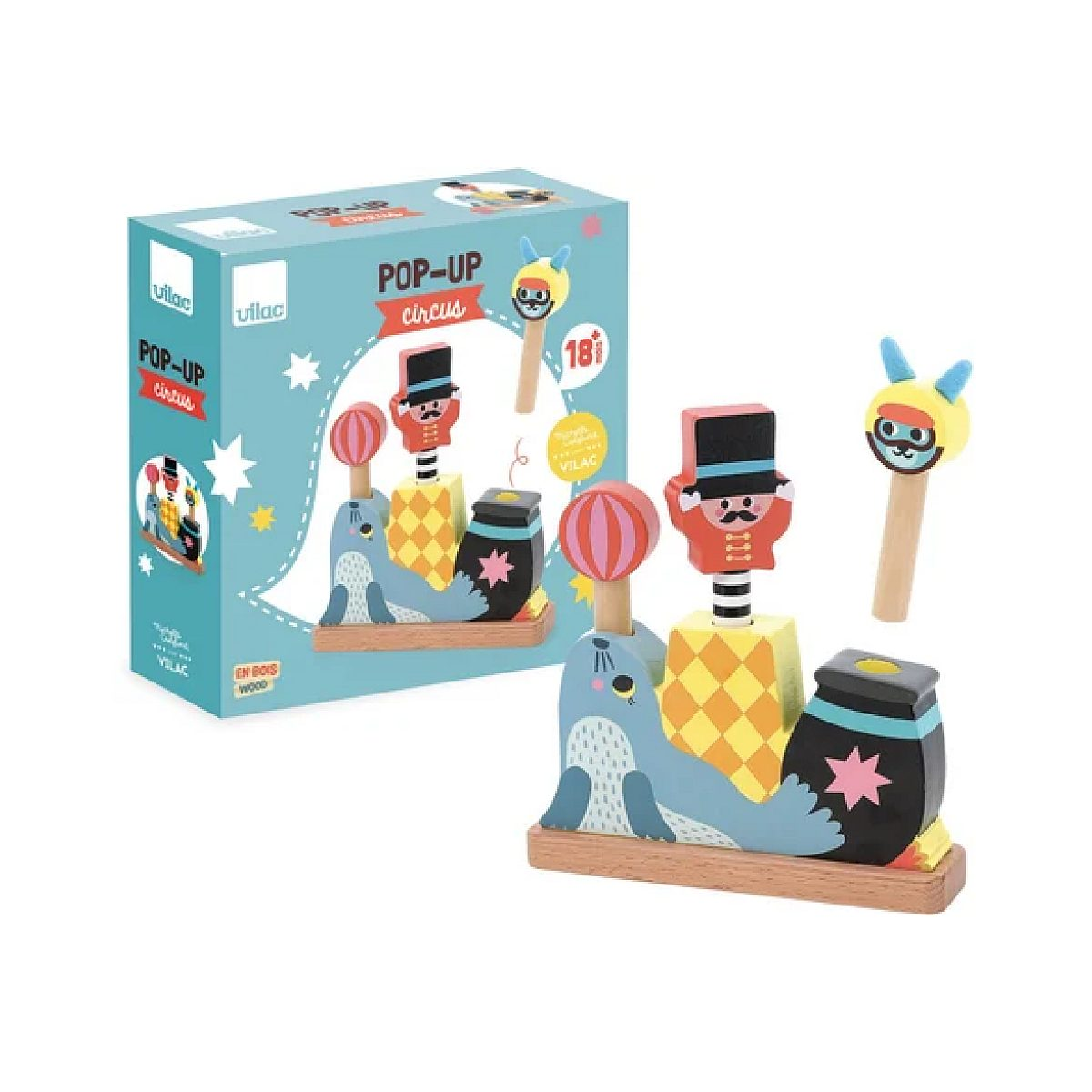 Buntes Holz-Pop-Up-Zirkusspielzeug mit Verpackung.