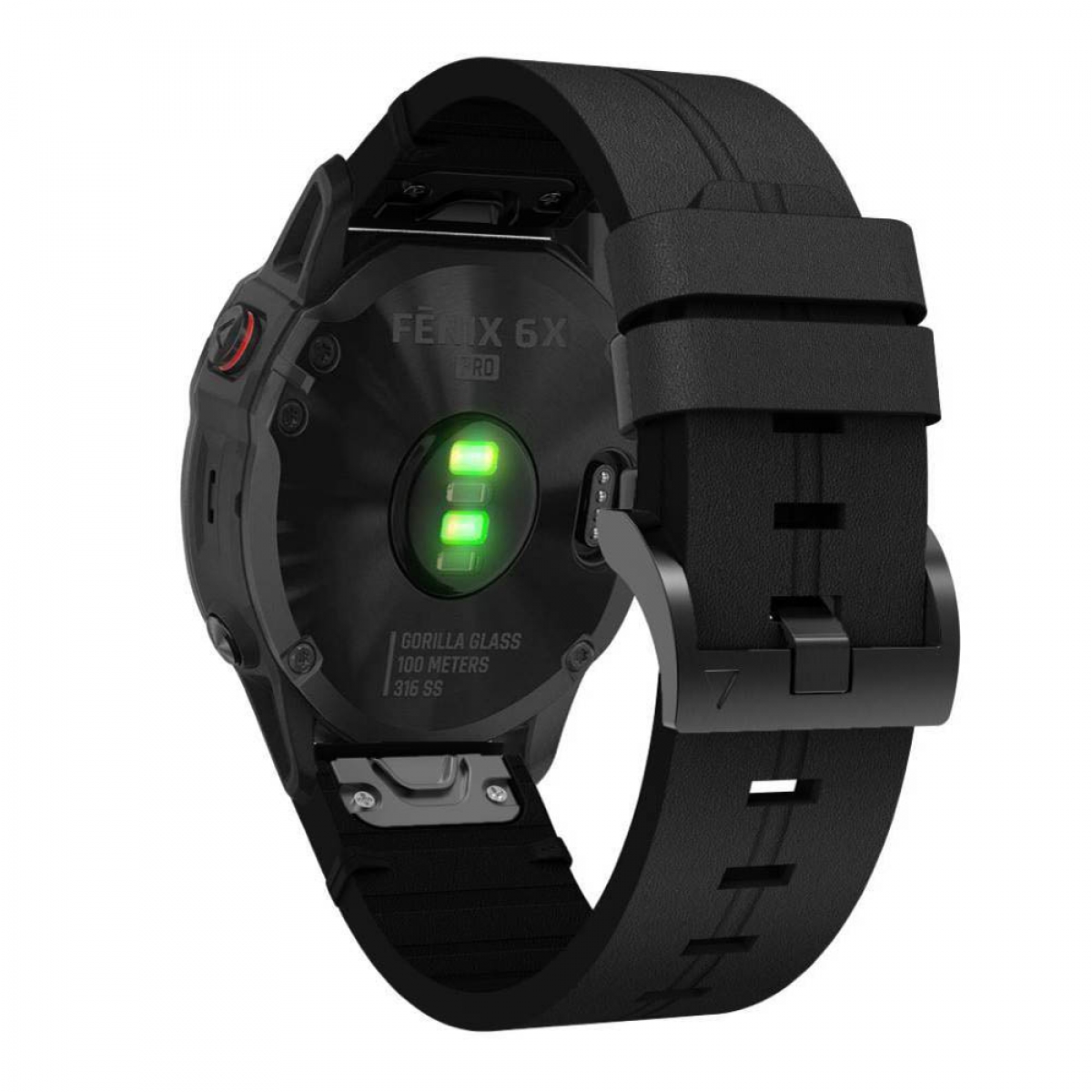 Rückseite einer schwarzen Garmin Fenix 6X Pro Uhr mit grünem Herzfrequenzsensor und Armband.