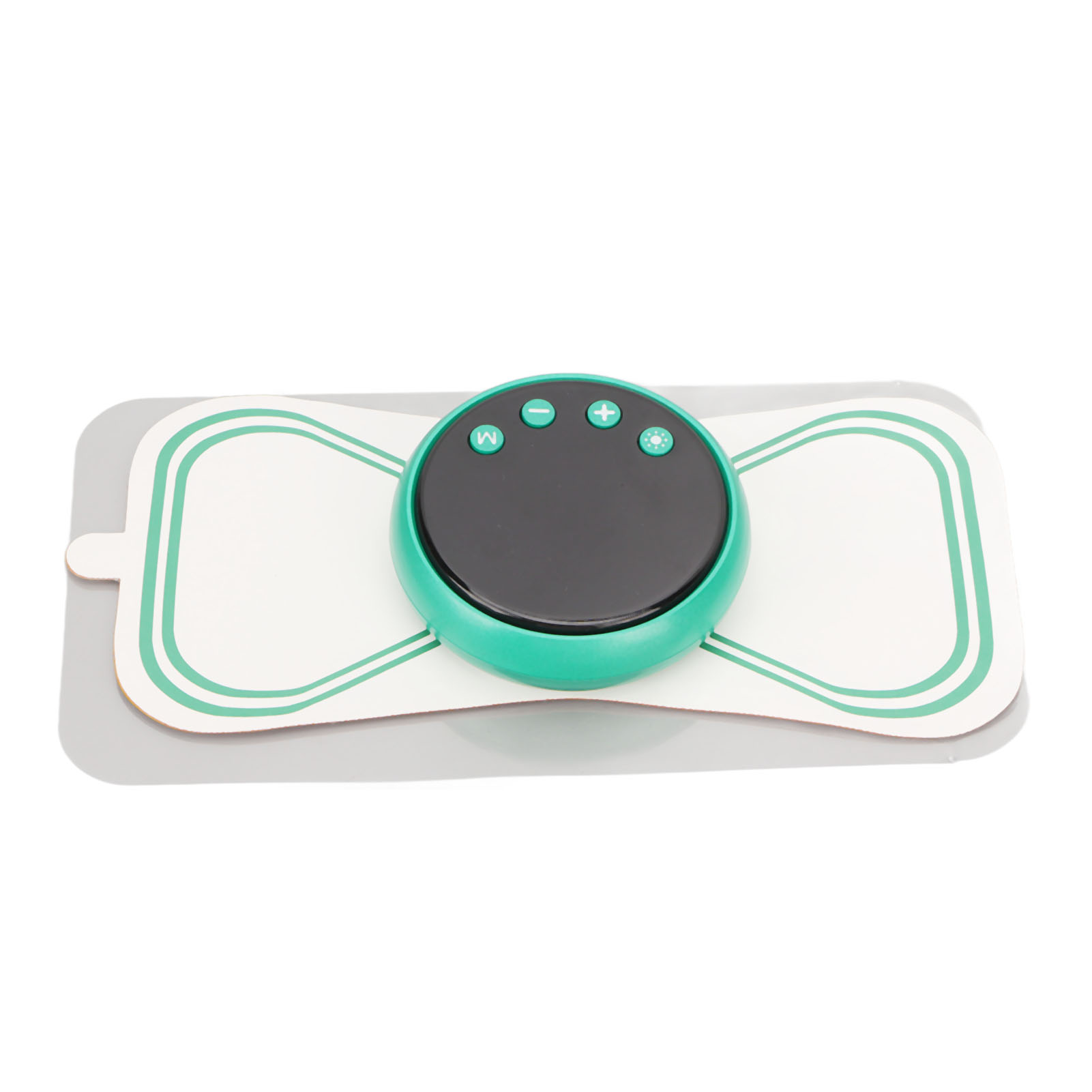 Ein schmetterlingsförmiges, weiß-grünes EMS-Massagepad mit runder Steuereinheit auf weißem Hintergrund.