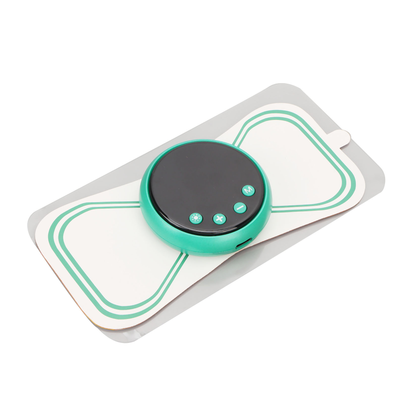 Ein rundes, gruen-schwarzes Massagegeraet auf einem weiss-gruenen Elektrodenpad.