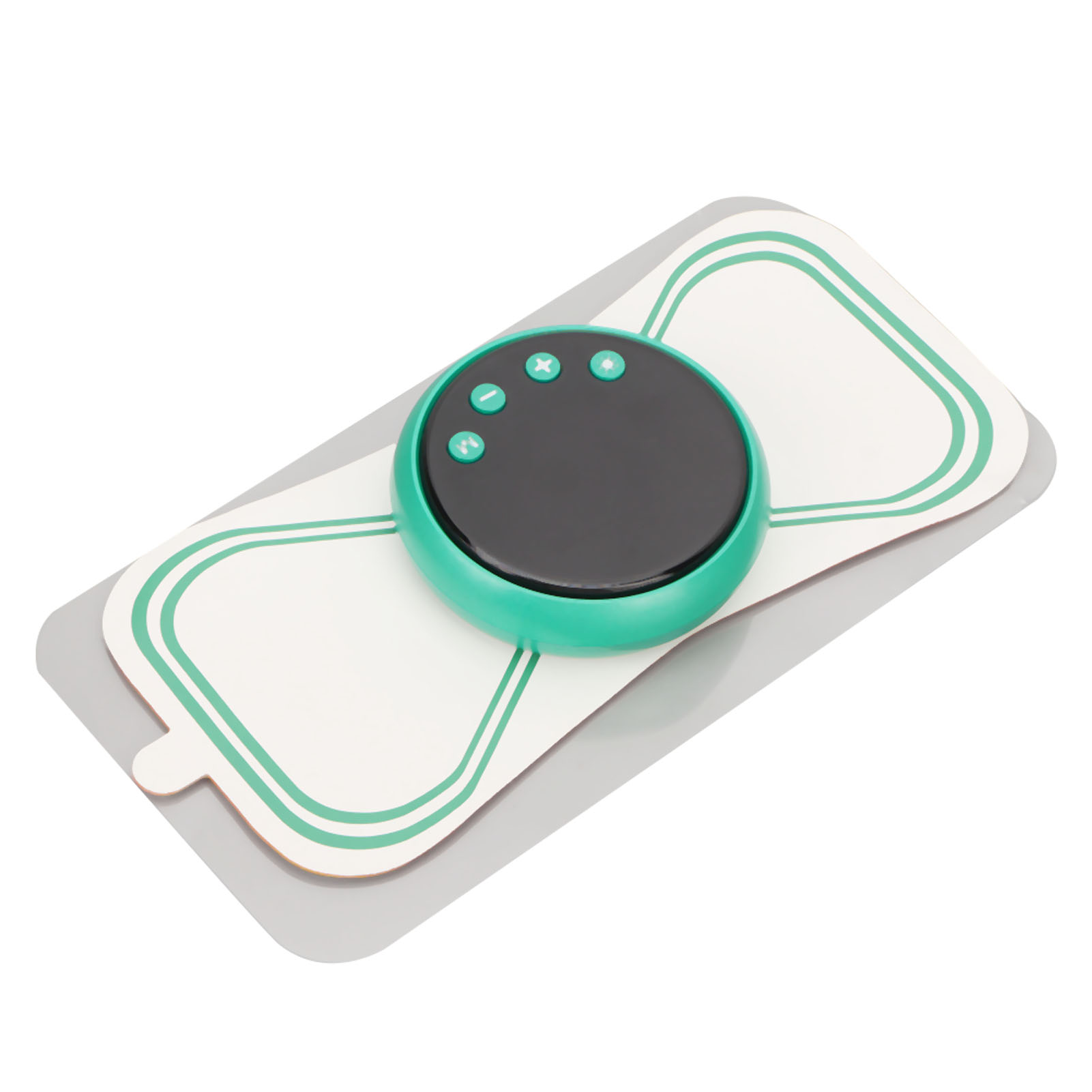 Ein grün-schwarzes tragbares Muskelstimulationsgerät auf einem weiß-grünen Elektrodenpad.