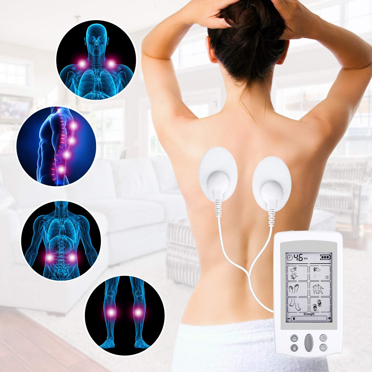 Frau mit TENS-Elektroden am Rücken, verbunden mit einem Steuergerät, mit anatomischen Grafiken.