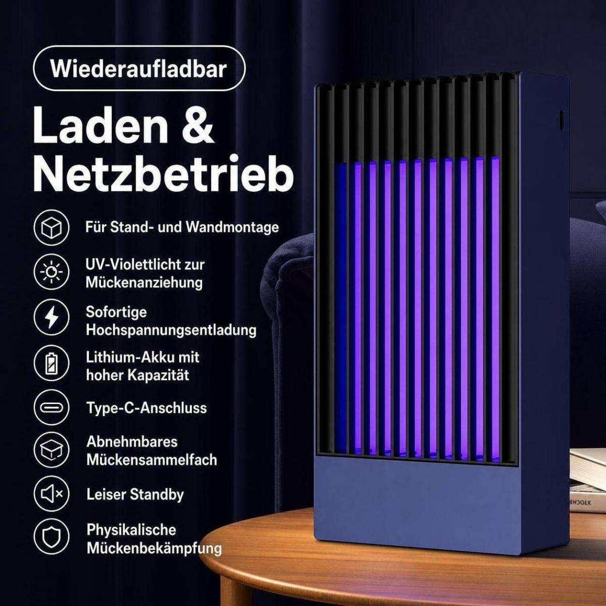 Ein blauer UV-Mückenvernichter mit Lichtgitter auf einem Holztisch, umgeben von Texten auf Deutsch.