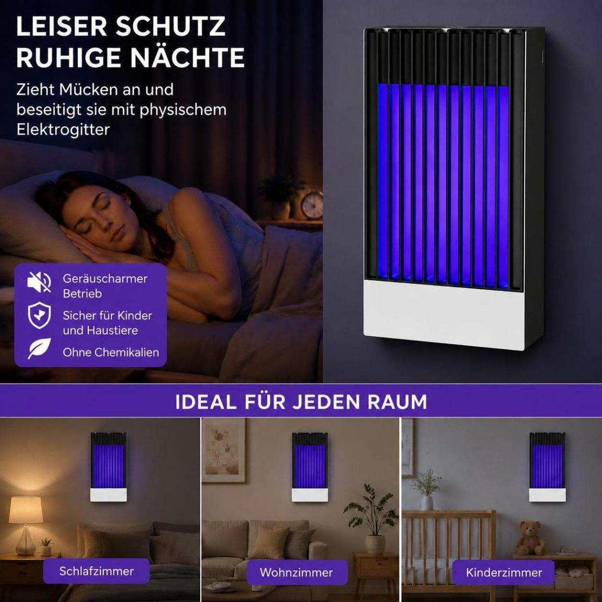 Ein blauer Insektenvernichter im Raum mit schlafender Frau und Anwendungsbeispielen.