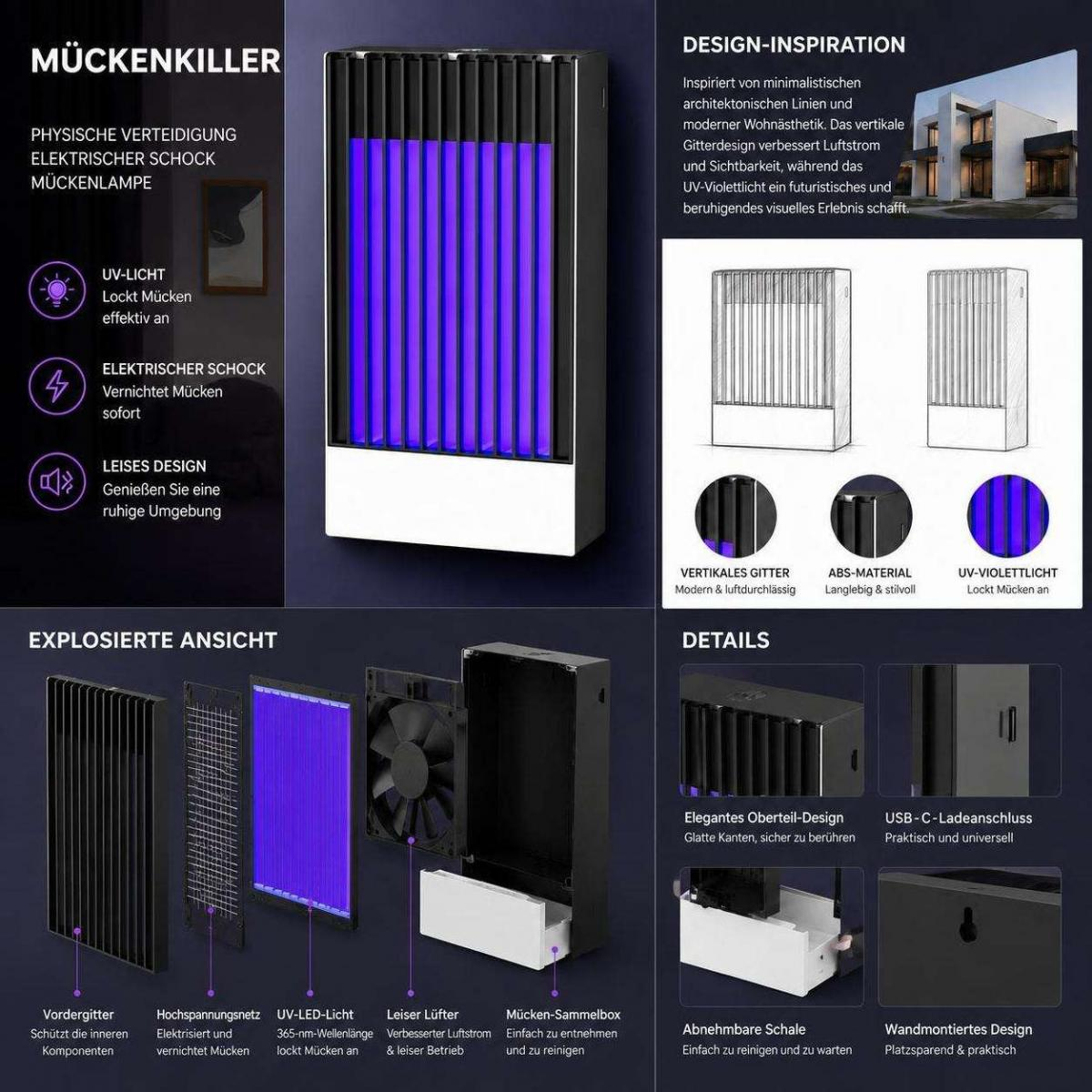 Produktwerbung für einen elektrischen Mückenvernichter mit UV-Licht, Details, Explosionsansicht und Designinspiration.