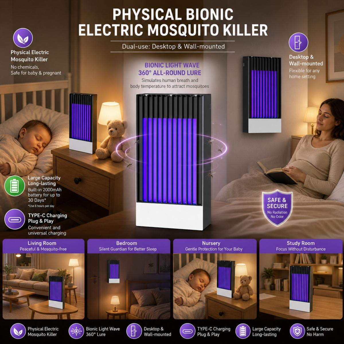 Ein elektrischer Mückenvernichter mit violettem Licht in Schlaf- und Kinderzimmern.